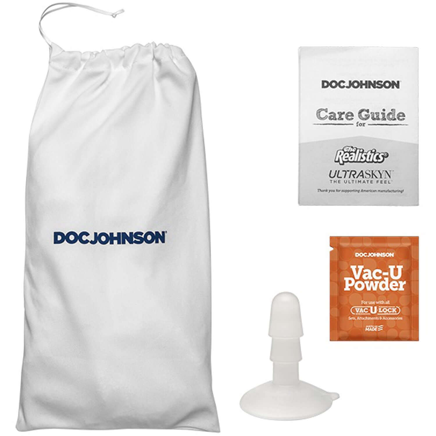 Doc Johnson Ultraskyn care kit with storage bag, care guide, Vac-U Powder, and removable suction cup.