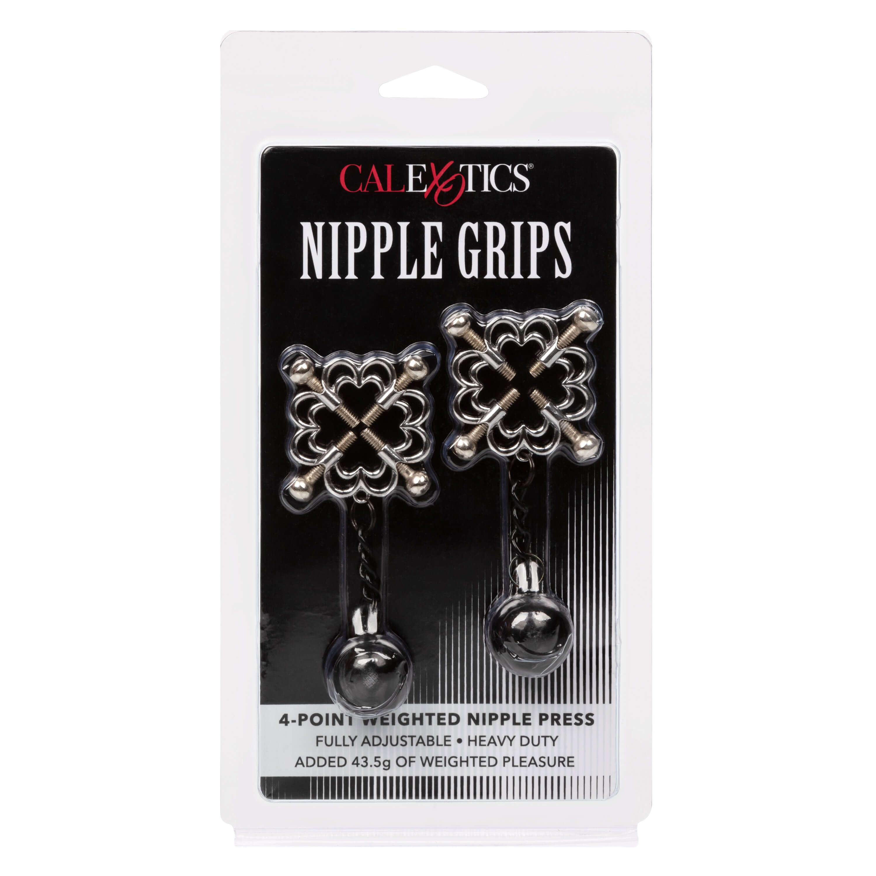 Nipple Grips 4-Point Weighted Nipple Press in packaging with multi-use clamps for nipple play pleasure.