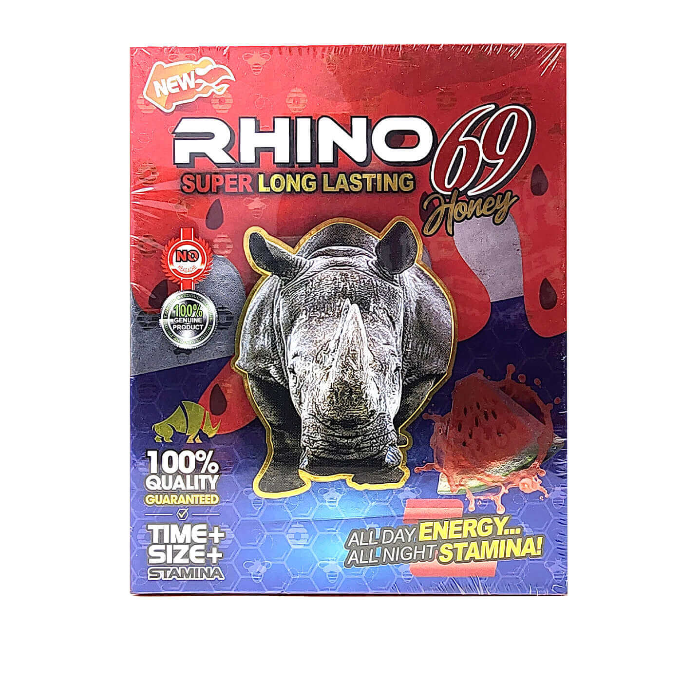 Rhino 69 Honey Red packaging for male enhancement, promising long-lasting effects and increased performance.