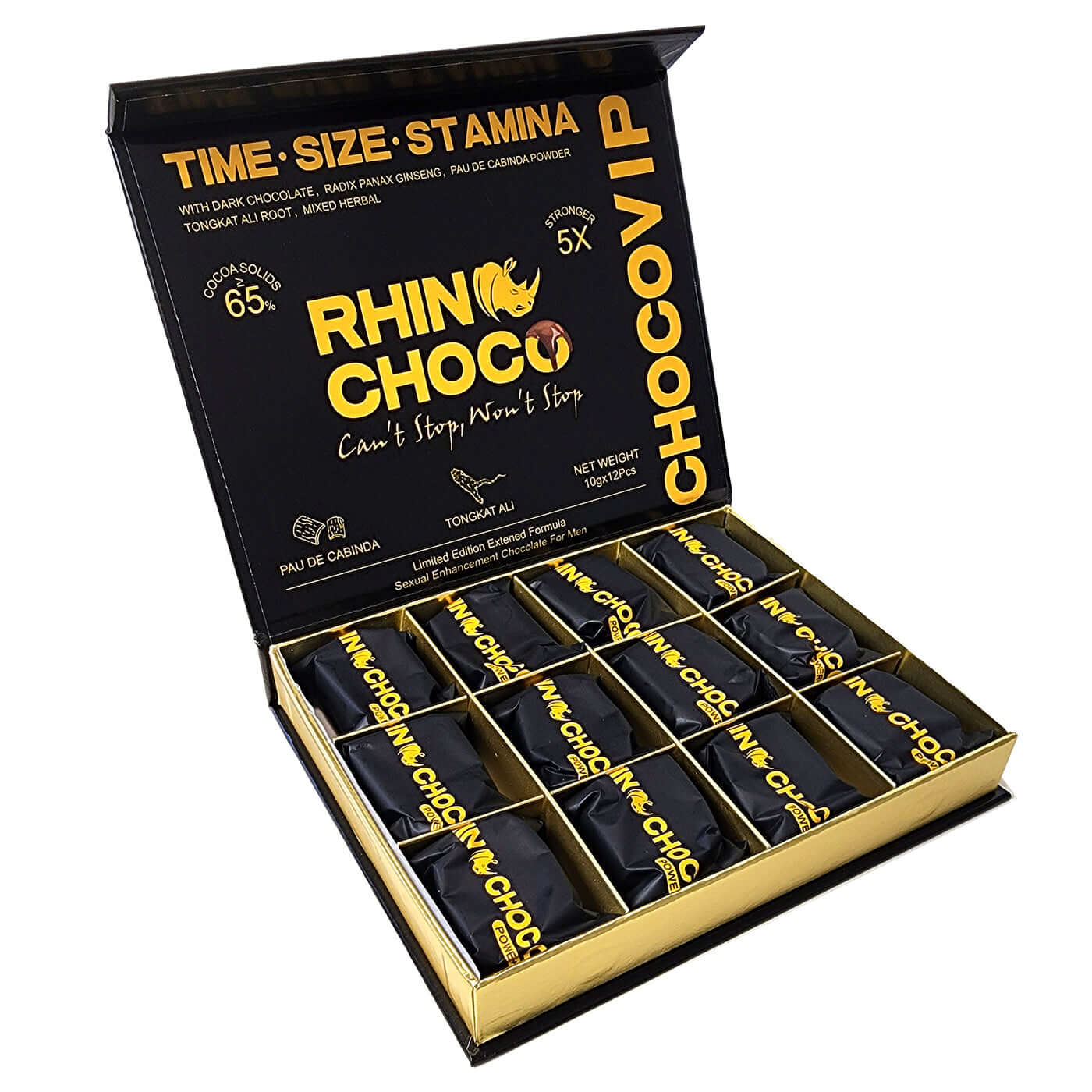 Rhino-Choco VIP Power Chocolate box with male enhancement chocolates for stamina and performance enhancement.