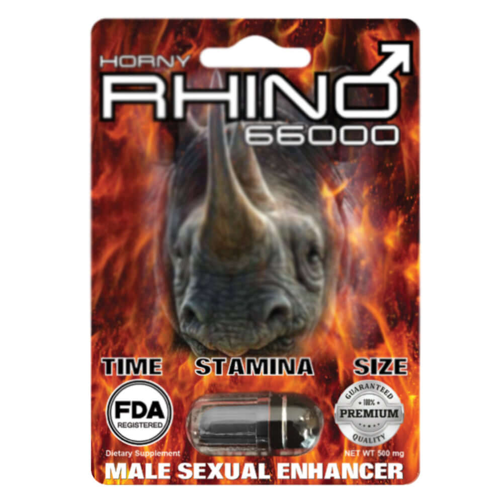 Rhino 66000 mg Male Sexual Enhancer packaging with image of rhino and FDA registered label