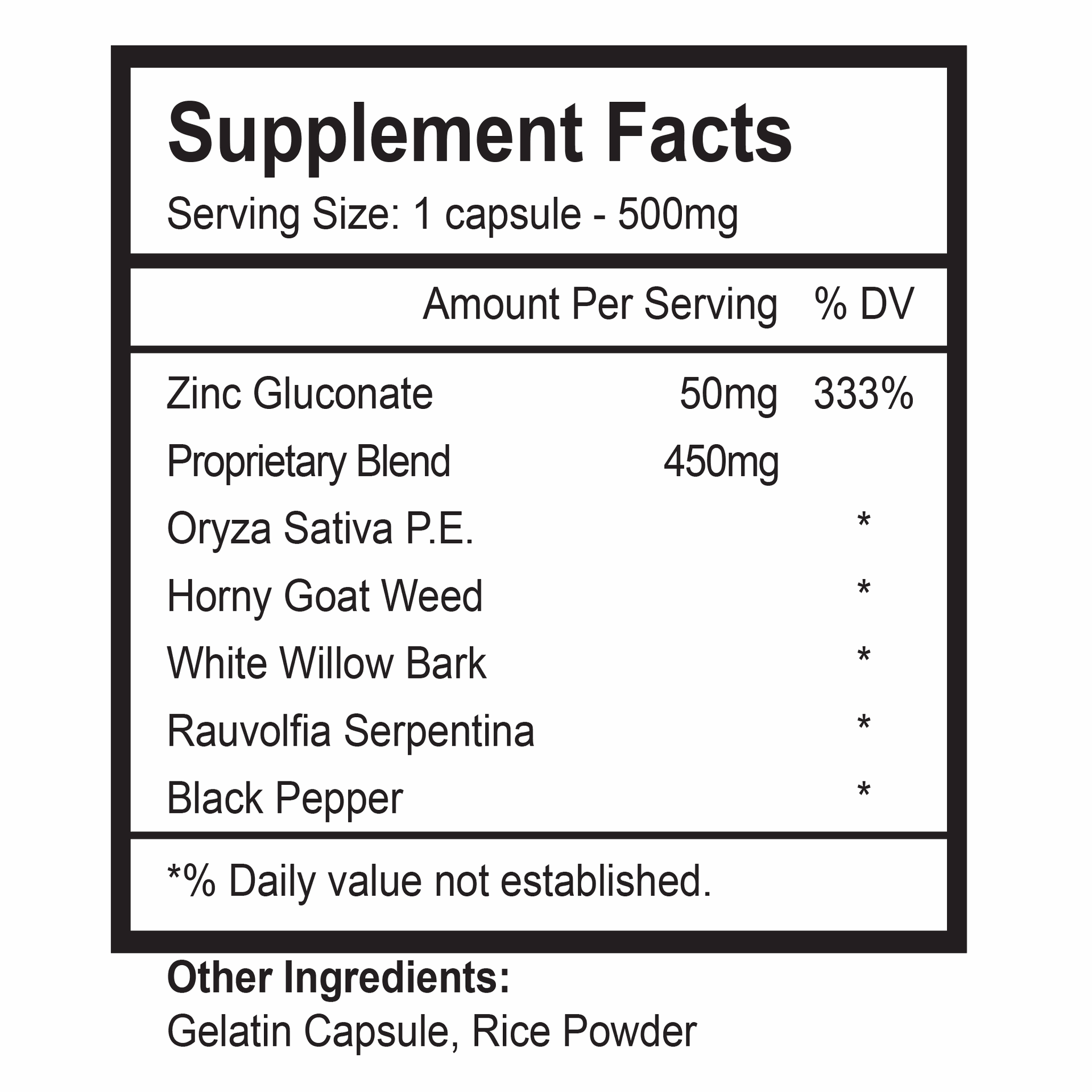 Supplement facts for Rhino Time 78000 male enhancer, featuring zinc gluconate and proprietary blend ingredients.