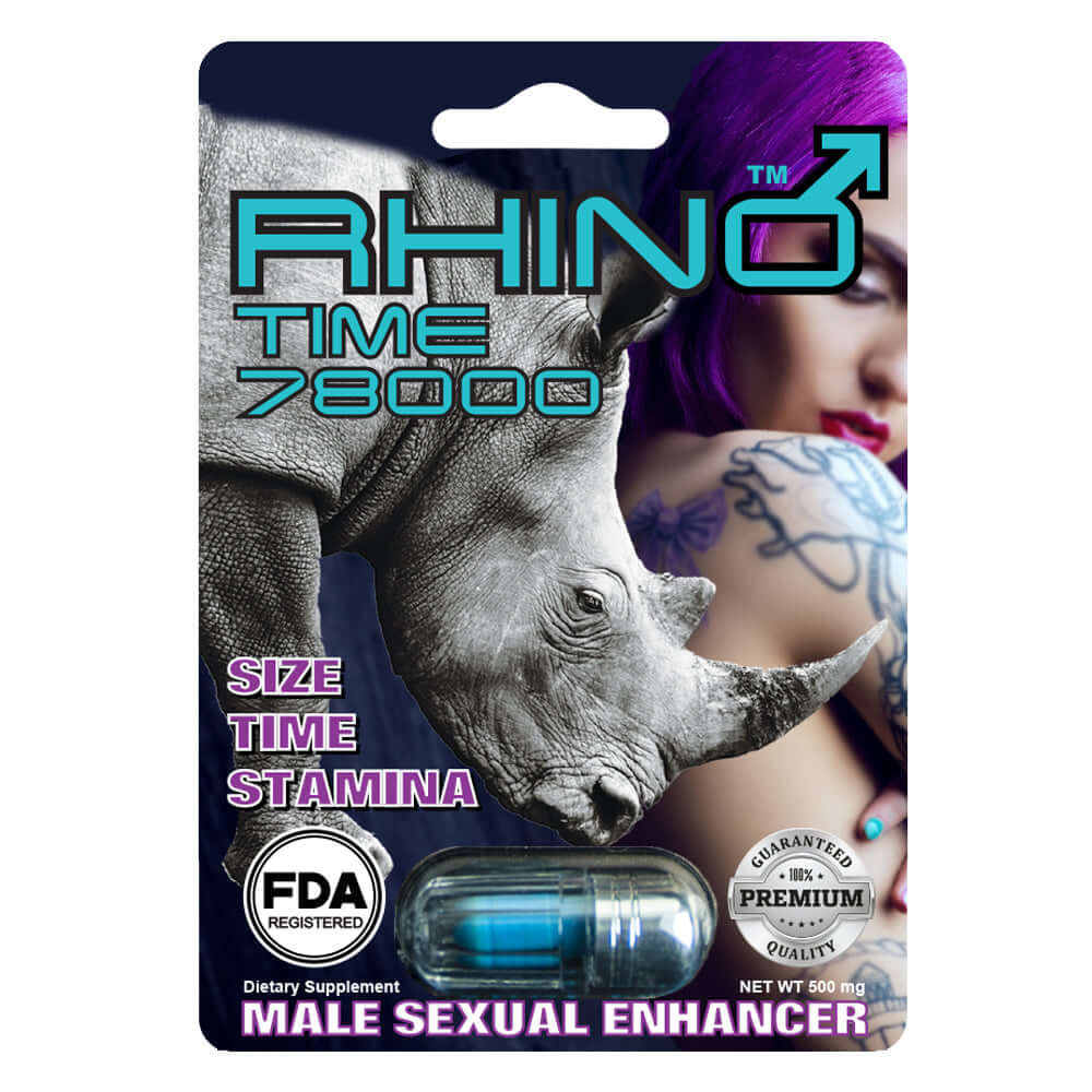 Rhino Time 78000 male sexual enhancer packaging with capsule, enhances size, stamina, and performance, FDA-registered, USA-made.