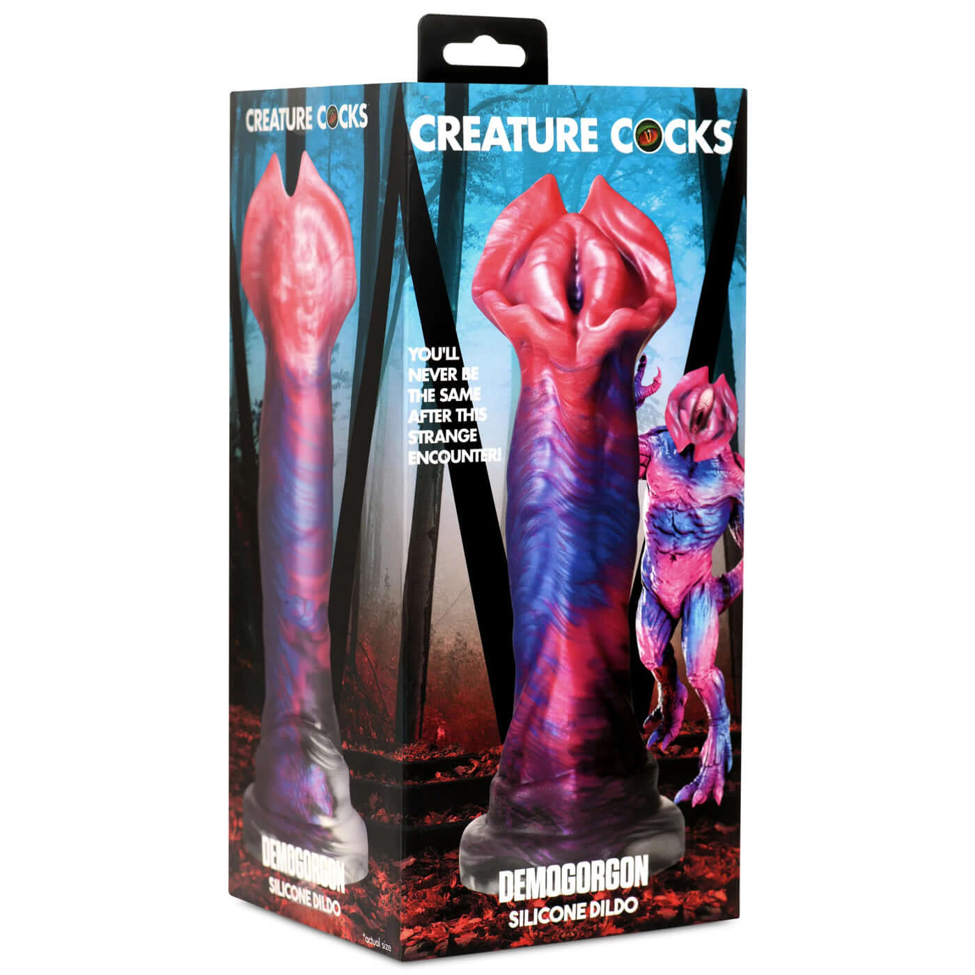 Demogorgon silicone dildo in packaging with fearsome face and curved shaft with ridges for hands-free pleasure.