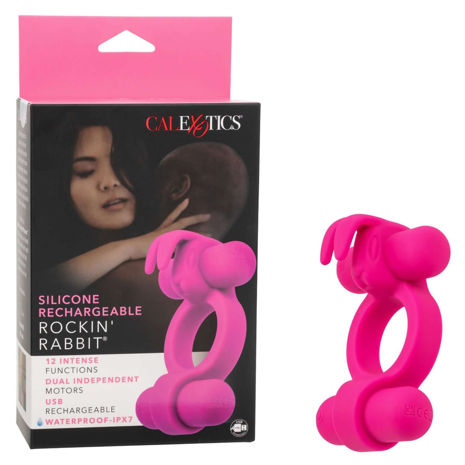 Pink Silicone Rechargeable Rockin' Rabbit with packaging, featuring dual teasers and flickering ears for couples' pleasure enhancement.