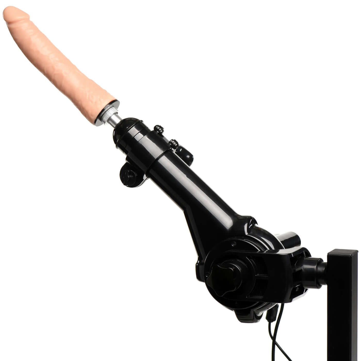 Adjustable black sex machine with dildo attachment designed for use with the Obedience Bench for versatile pleasure positions.