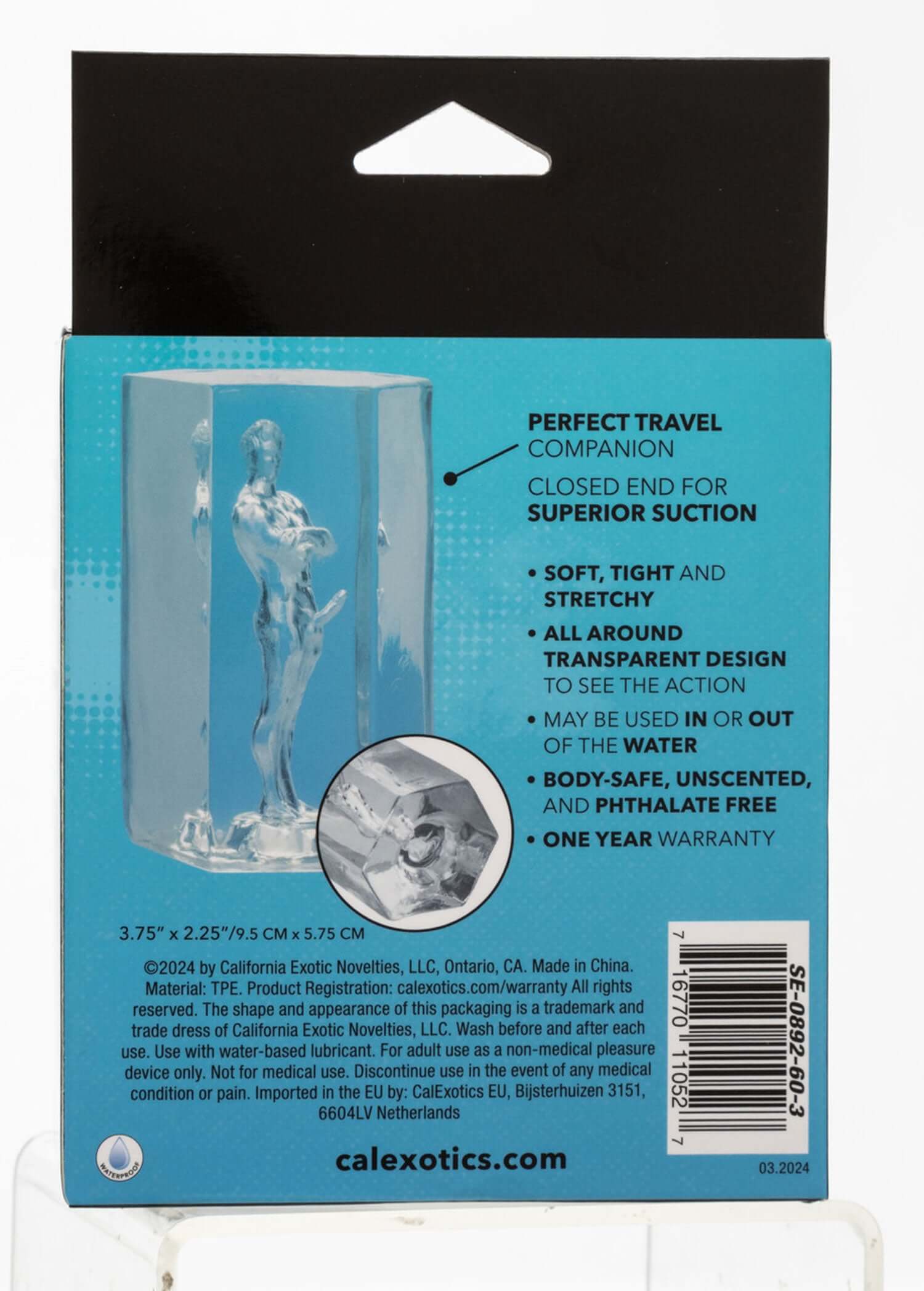 Packaging of Guys Guys Guys David Sleeve, clear design masturbator, highlighting features like soft texture and perfect travel companion.