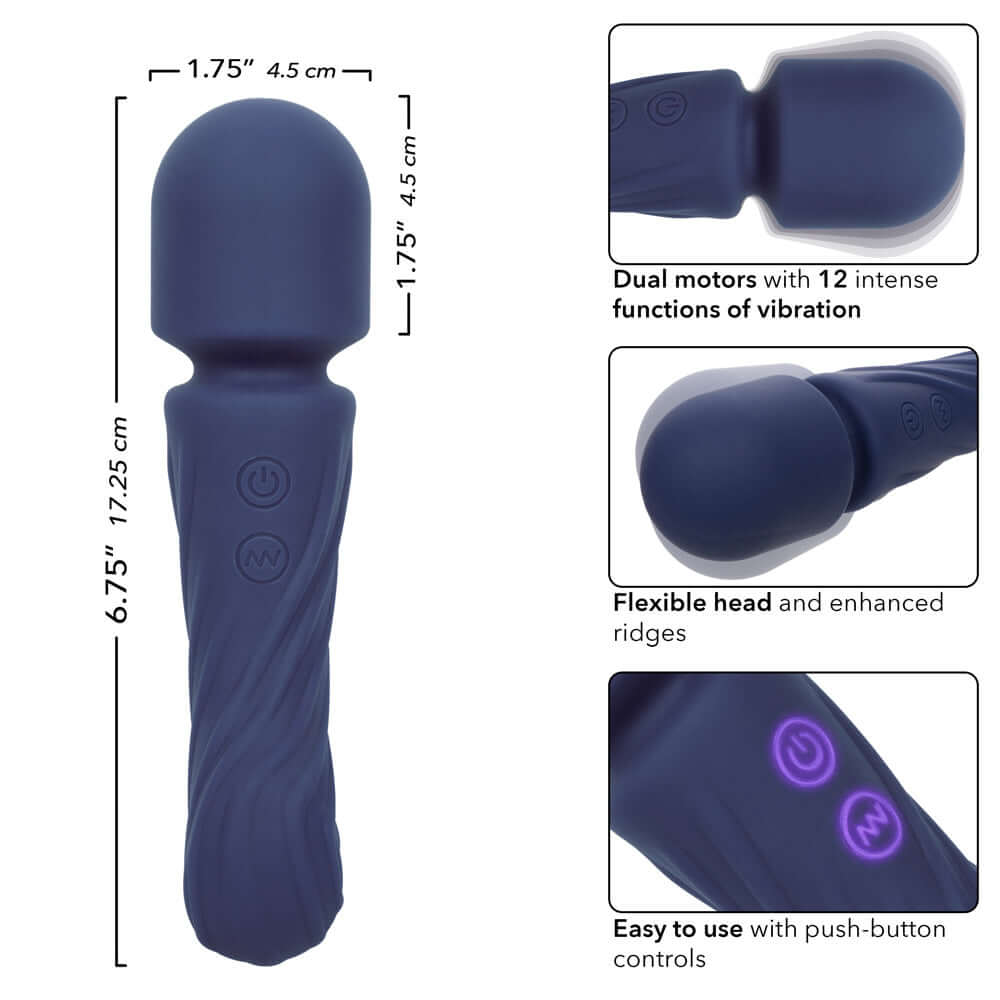 Charisma Allure Compact Wand Massager in blue with dual motors, flexible head, and push-button controls, crafted from body-safe silicone.