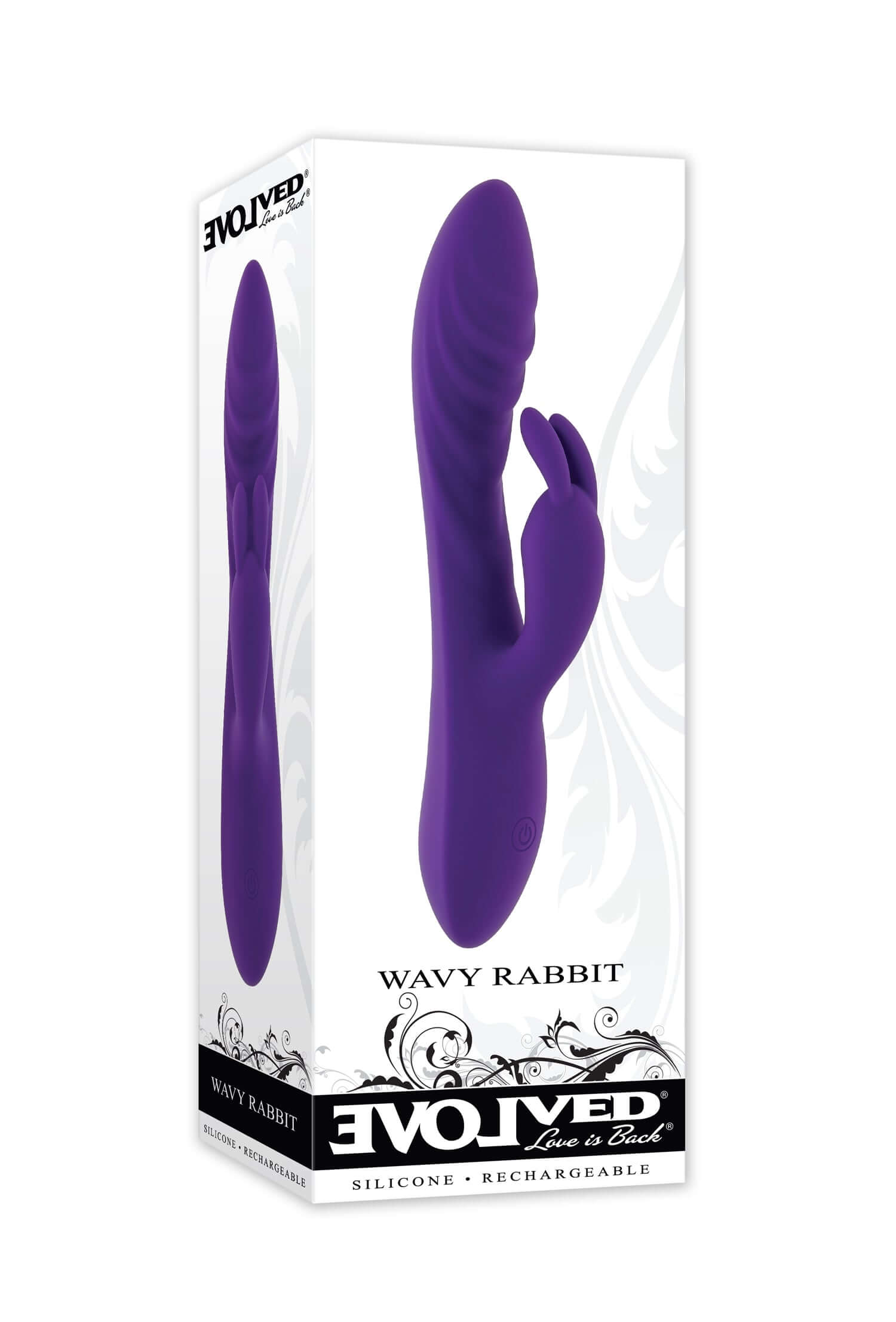 Evolved Wavy Rabbit Purple vibrator in sleek packaging, showcasing its wavy design and rabbit ears for targeted pleasure.