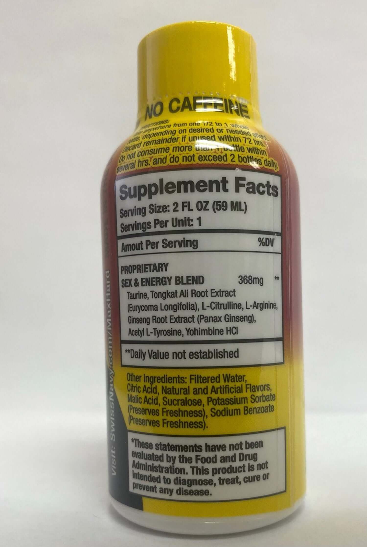 Supplement facts label for Swiss Navy Max Hard 2oz energy boost drink, highlighting key ingredients and serving information.