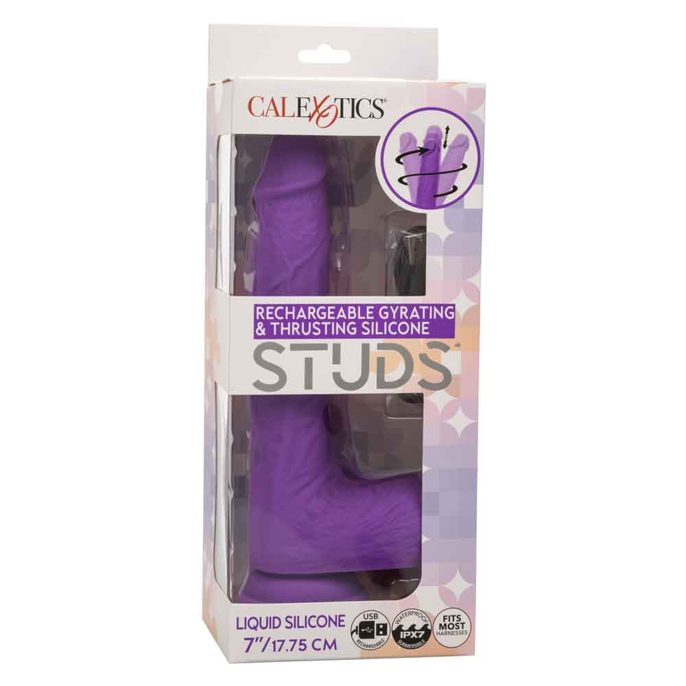 Rechargeable Gyrating and Thrusting Silicone Studs - Purple in 7 inch Liquid Silicone packaging