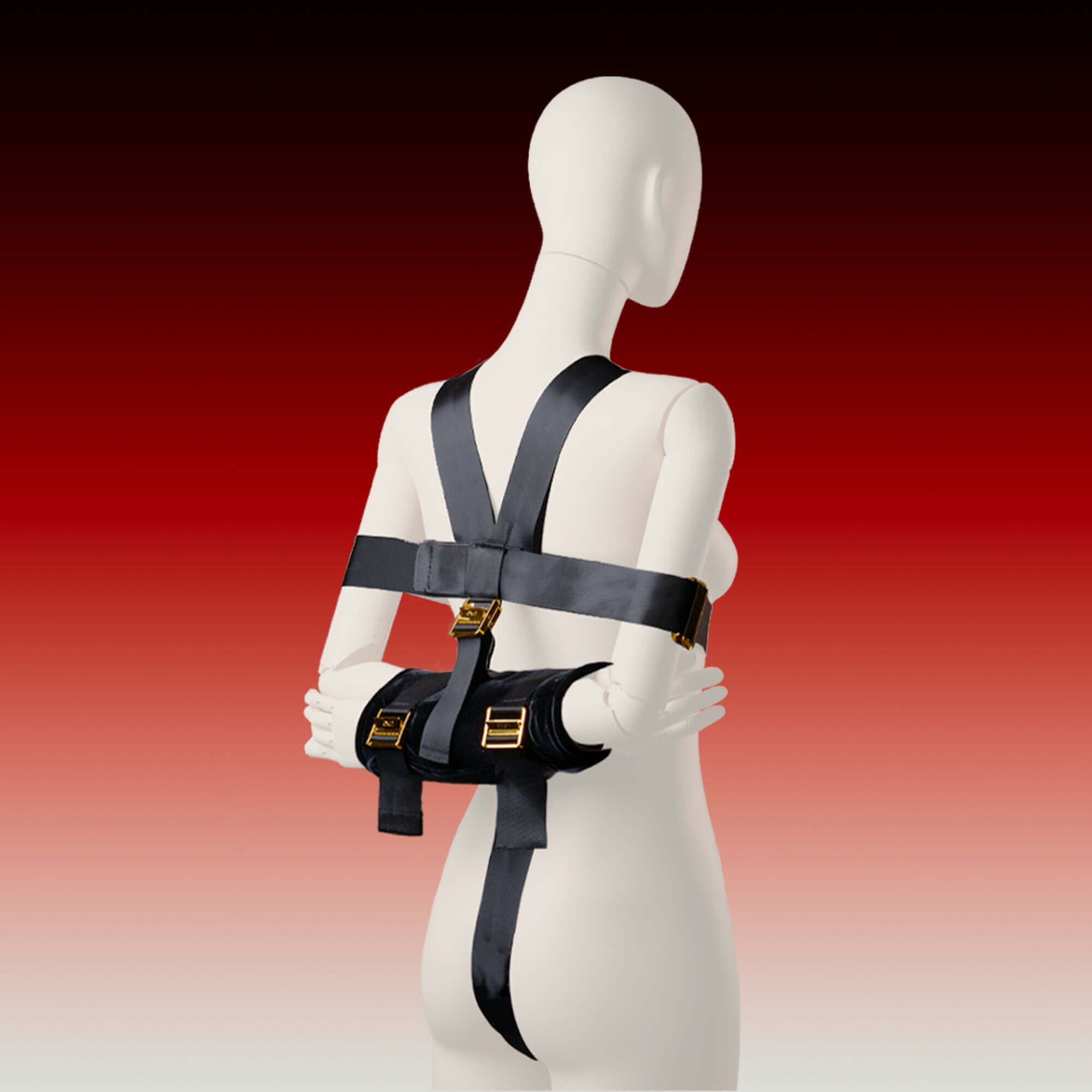 Simplified Takate Kote Set displayed on a mannequin, showcasing elegant bondage design for BDSM enthusiasts.