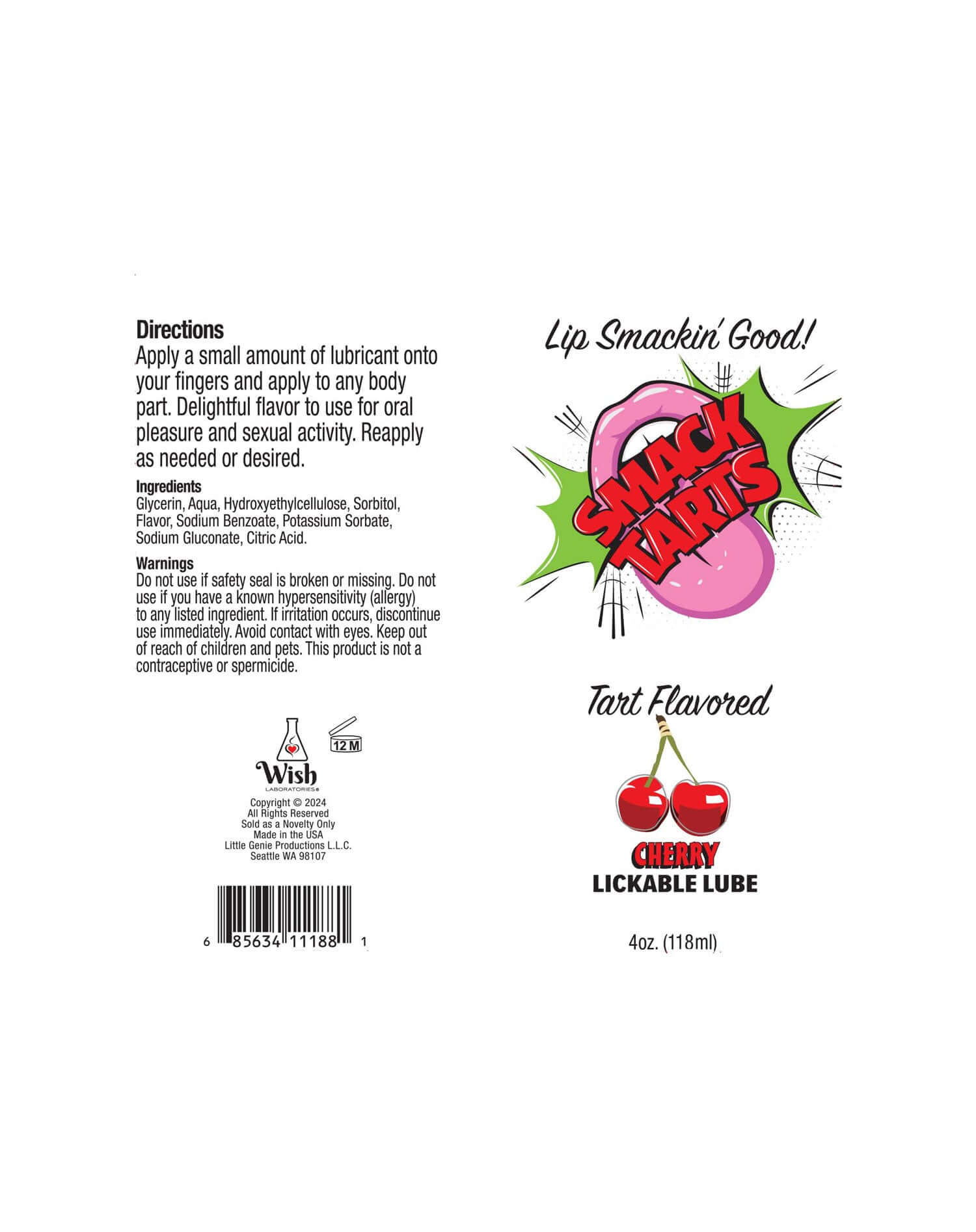 Smack Tarts 4oz Cherry Flavored Lickable Lubricant packaging with product directions and ingredients.