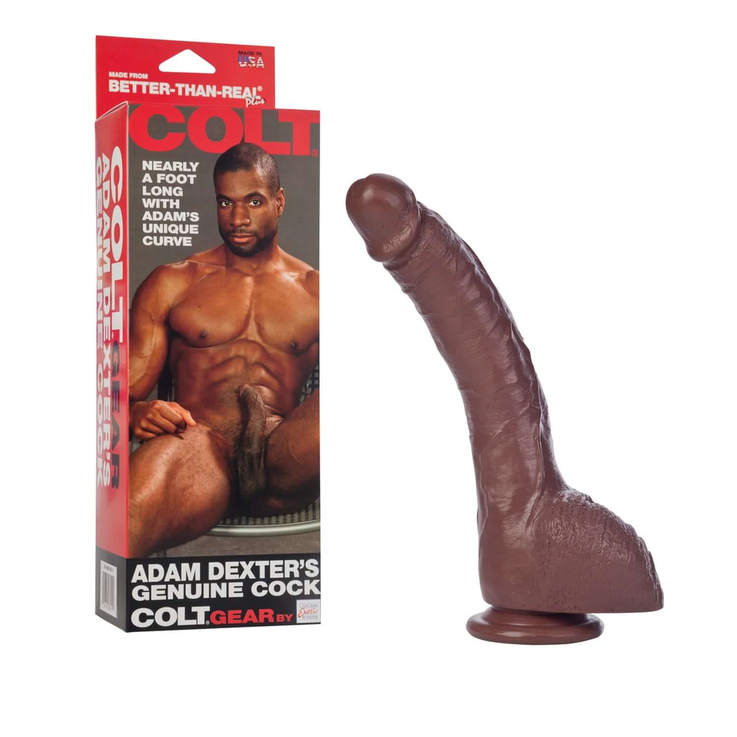 Colt Adam Dexter’s Genuine Cock in brown, featuring a sturdy suction cup and realistic design, on display with packaging.