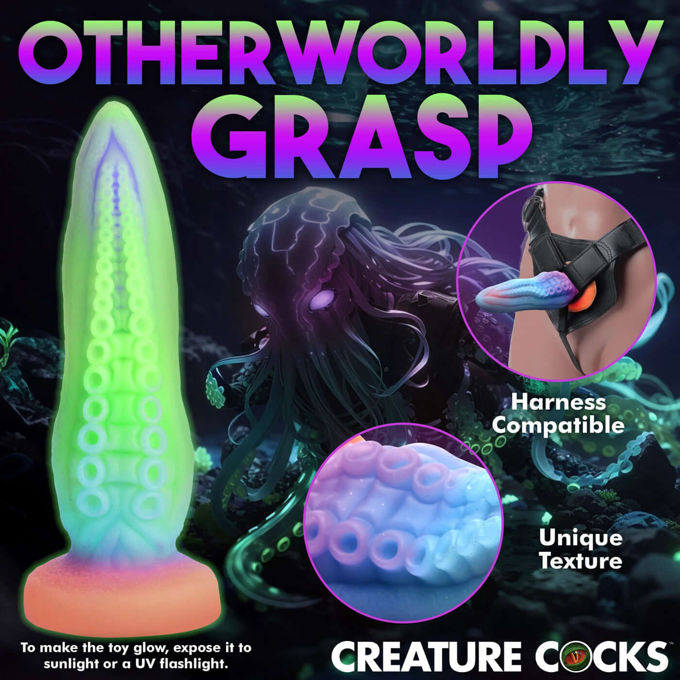 Glow-in-the-dark Tenta-Cock Silicone Dildo featuring unique texture and harness compatibility by Creature Cocks.