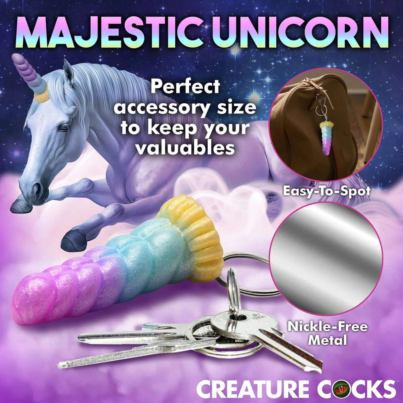 Pastel Unicorn Horn Keychain with Keys, Majestic Unicorn Background, Easy to Spot and Nickle-Free, Creature Cocks