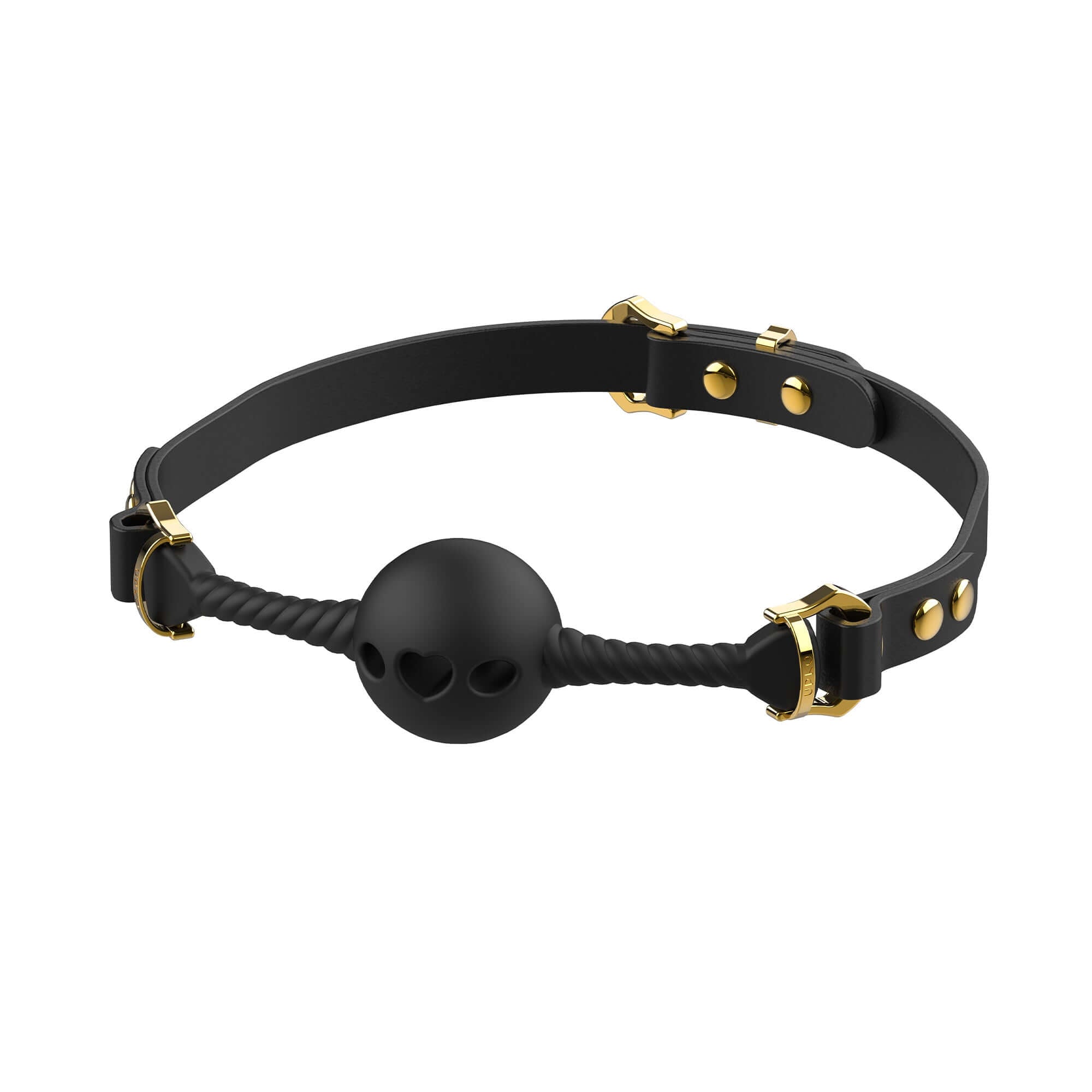 Black heart-shaped breathable mouth gag with gold accents and Italian leather strap.