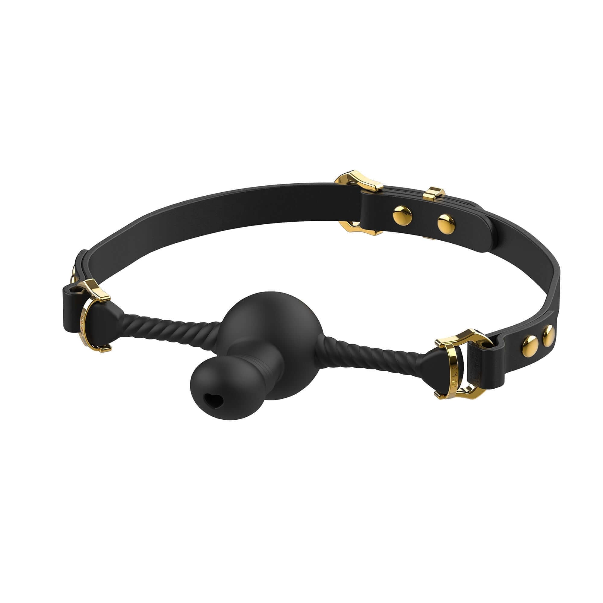 Black dildo-shaped silicone mouth gag with adjustable leather strap and gold hardware accents.