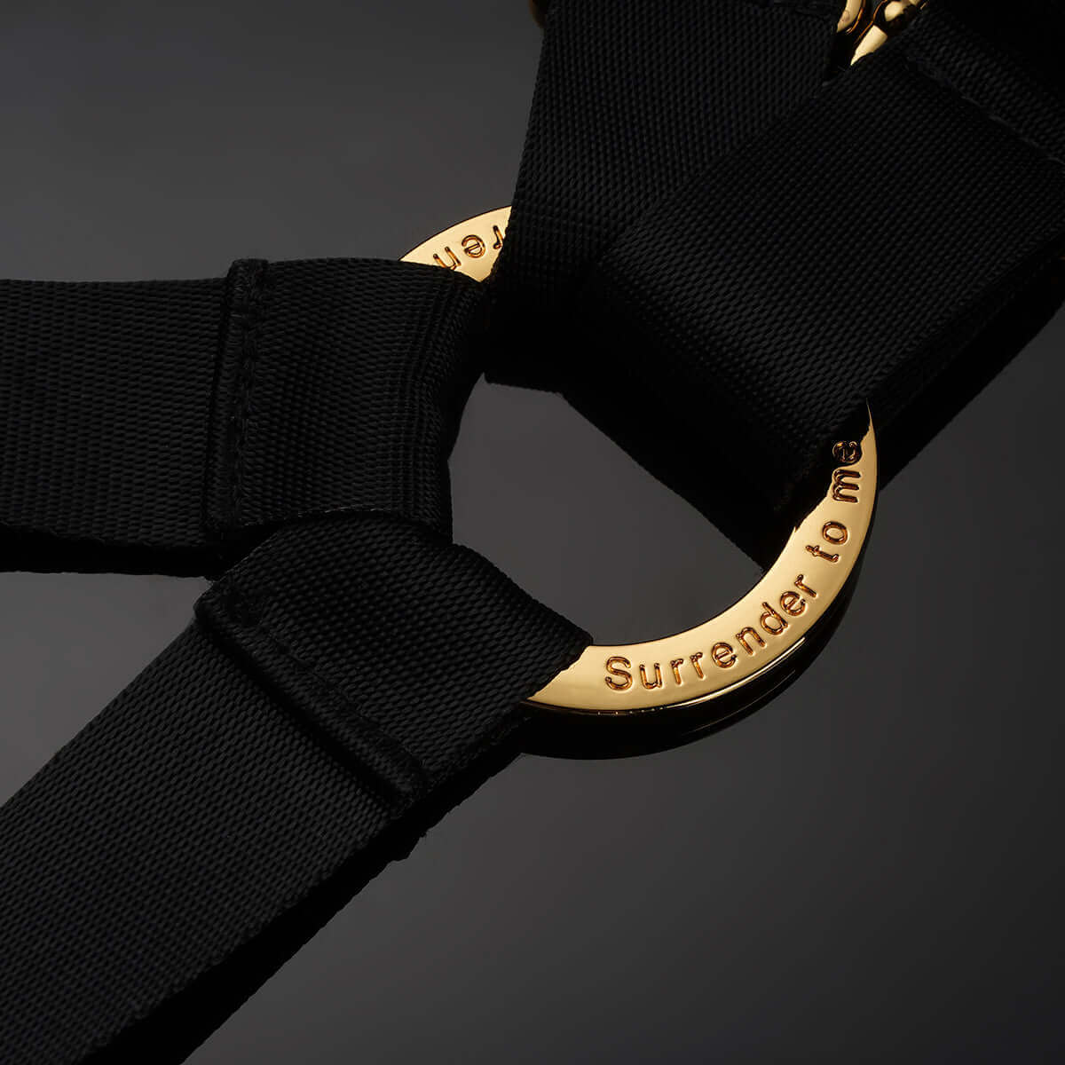 Close-up of UPKO adult sex harness restraint device featuring a gold connection ring engraved with "Surrender to me."