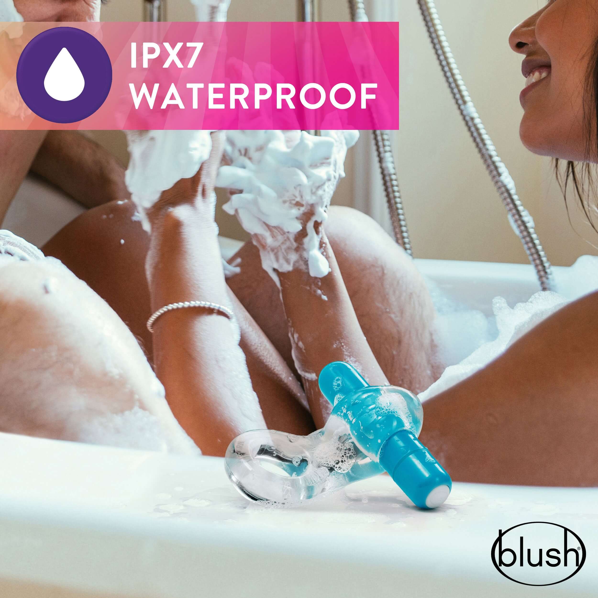 Vibrating C-Ring being used in a bathtub showing waterproof feature by Blush.