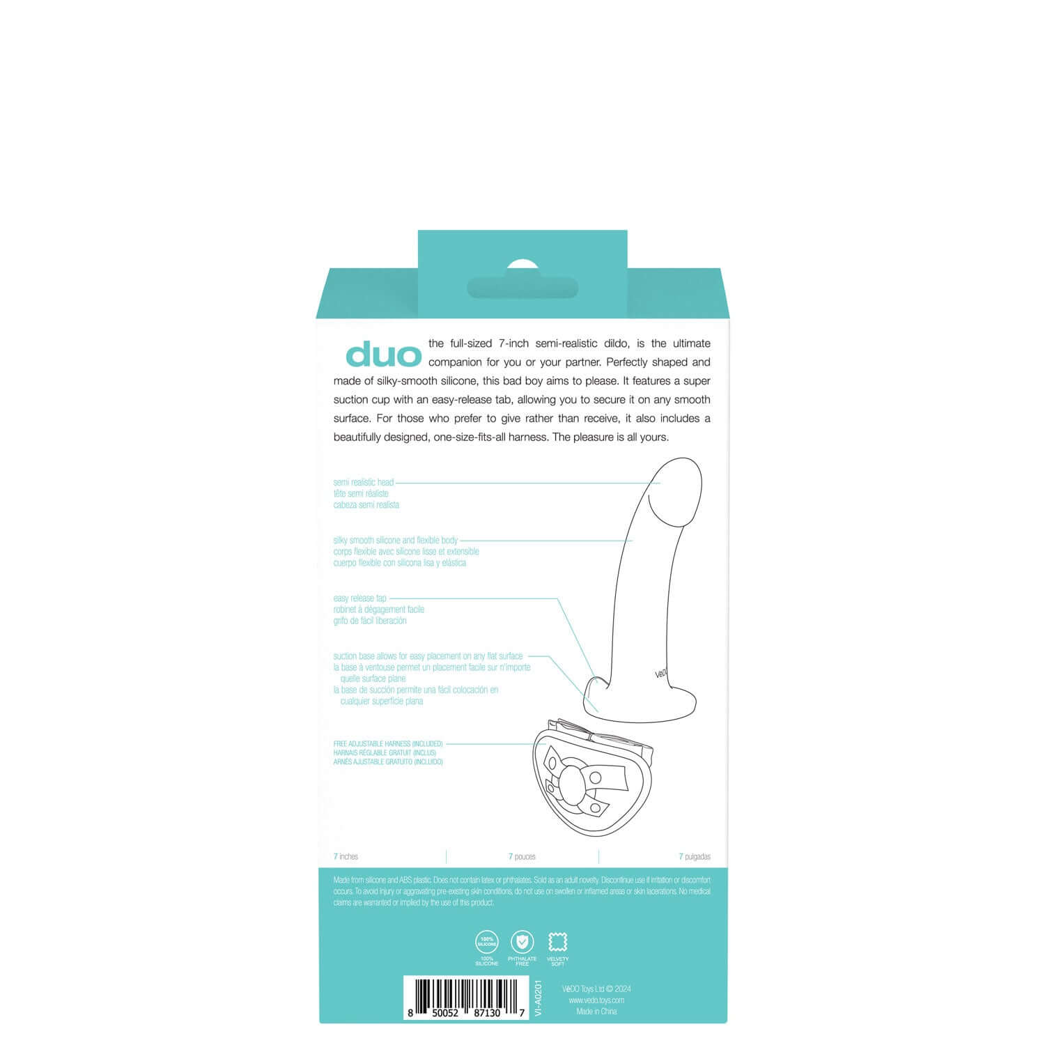 Turquoise and black Duo semi-realistic dildo with harness packaging, featuring product specifications and design illustration.