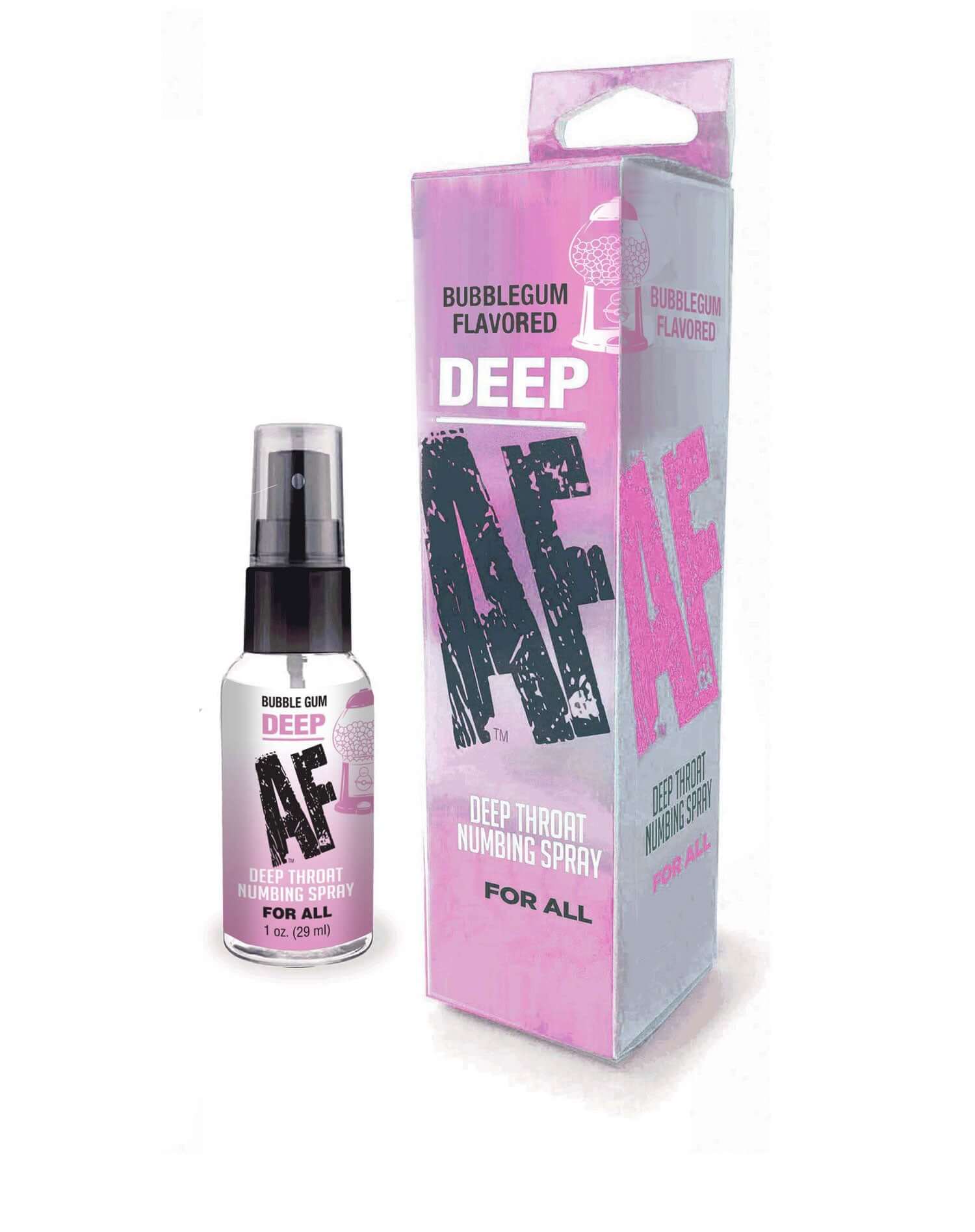 Bubblegum flavored Deep AF Throat Numbing Spray 1oz bottle and packaging, oral desensitizer for reducing gag reflex.