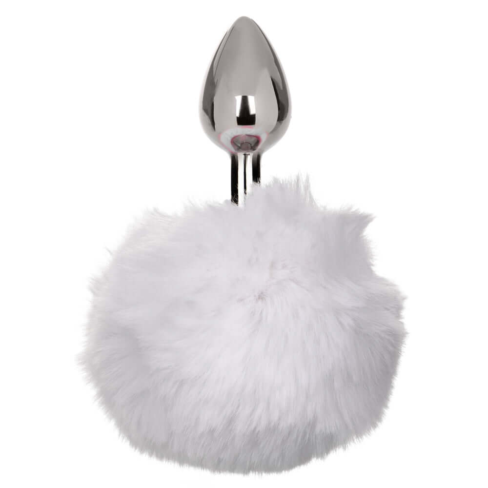 Sleek metallic anal plug with fluffy white bunny tail for enhanced sensation and playful adventure in sensual experiences