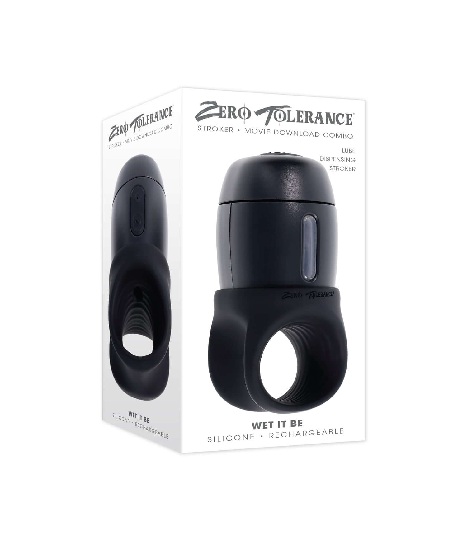 Wet It Be USB rechargeable stroker with ergonomic button and ribbed inner textures, packaged in a sleek black box.