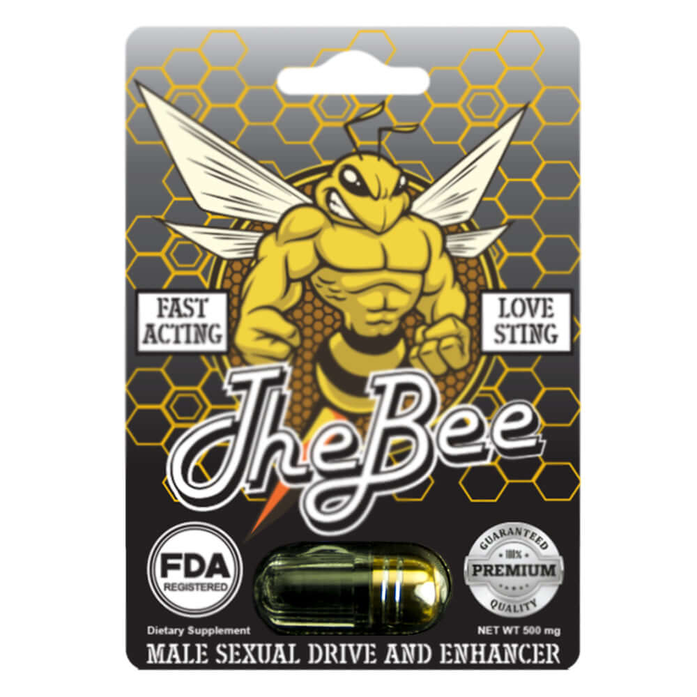 Bee Male Herbal Supplement 500 mg packaging, FDA registered male enhancement, fast-acting performance boost.