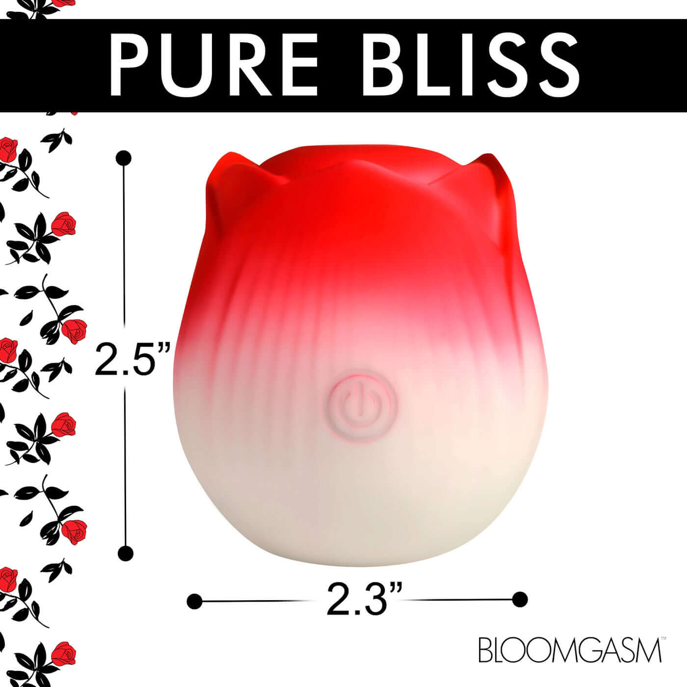 Pulsing Petals Throbbing Rose Stimulator in red, 2.5 inches in height and 2.3 inches in width, shown with "Pure Bliss" text and floral design.