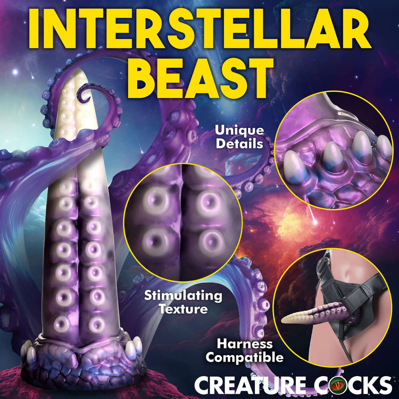 Interstellar Beast tentacle dildo featuring unique details, stimulating texture, and harness compatibility.