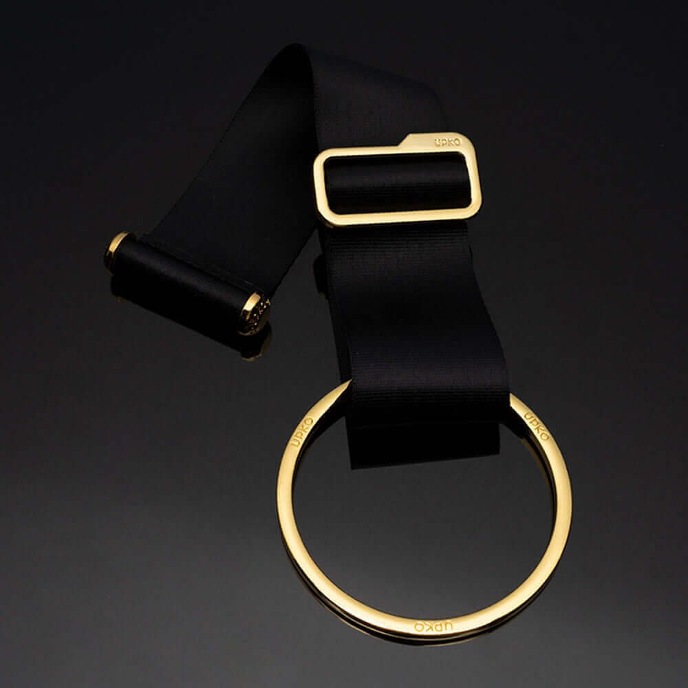 UPKO black and gold over the door wrist restraint strap, BDSM bondage accessory with adjustable buckle and strong ring.