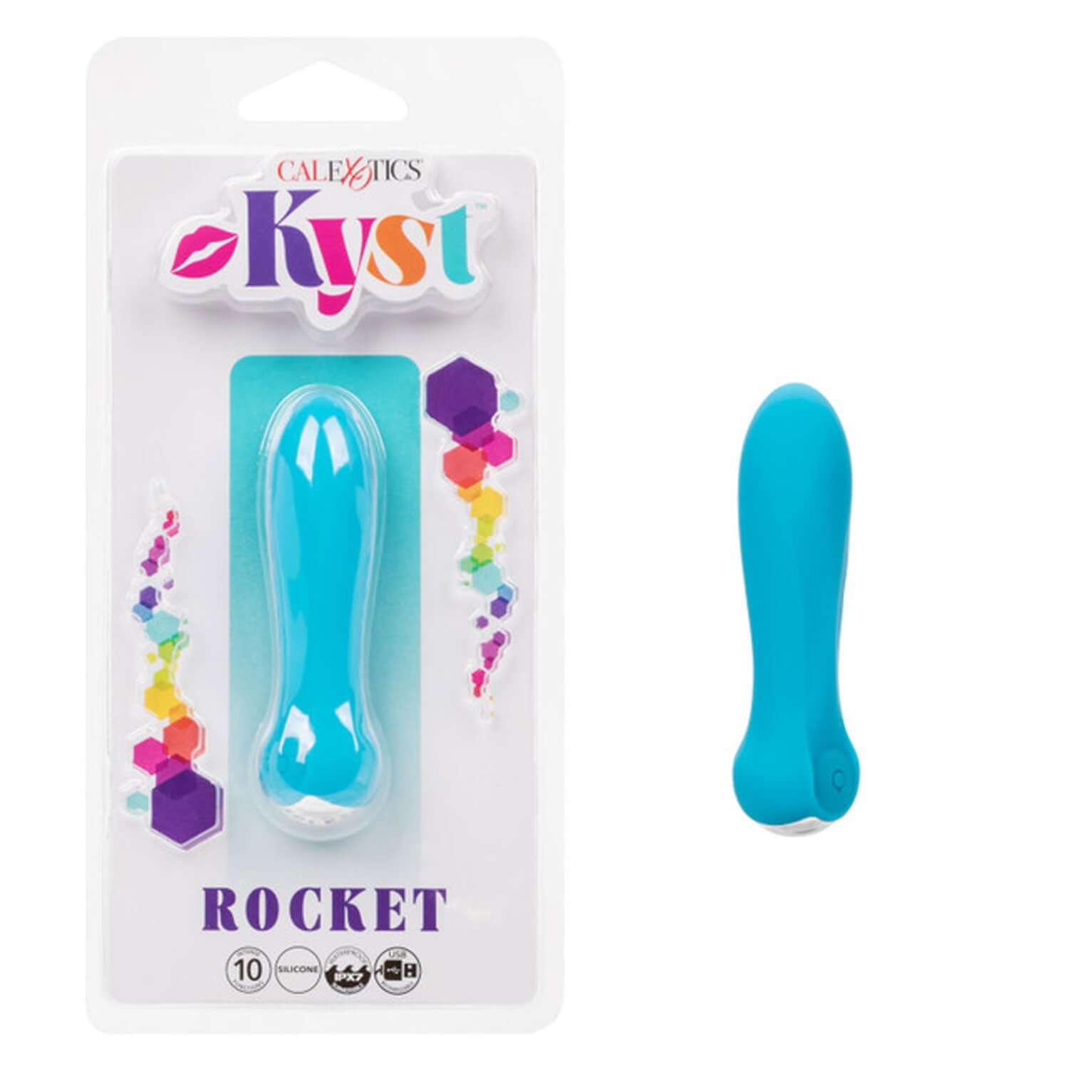 Blue Kyst Rocket Vibrator with packaging, featuring compact design and 10 vibration functions for enhanced intimate experiences.