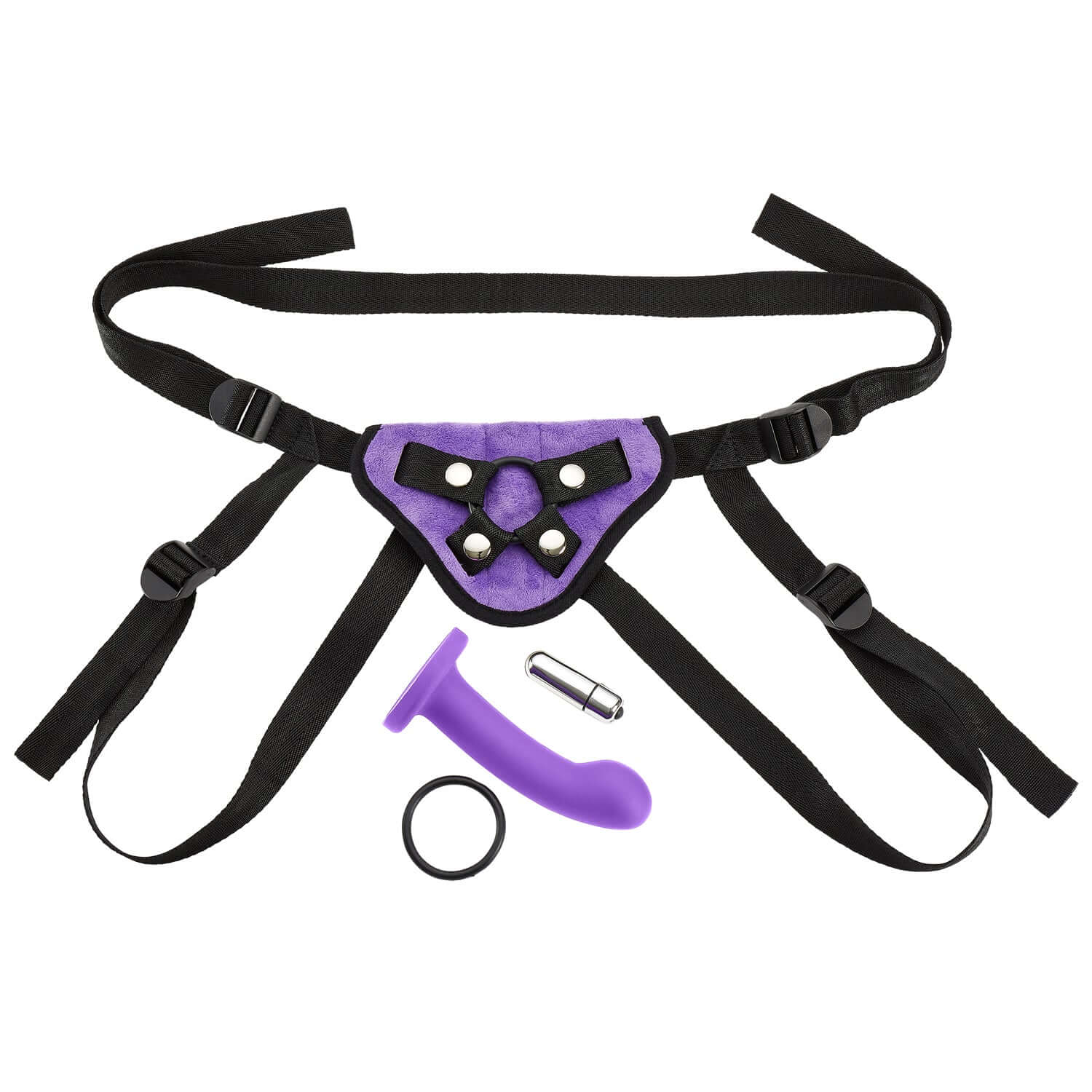 Purple strap on harness kit with adjustable straps, curved dildo, and accessories for sensual play.