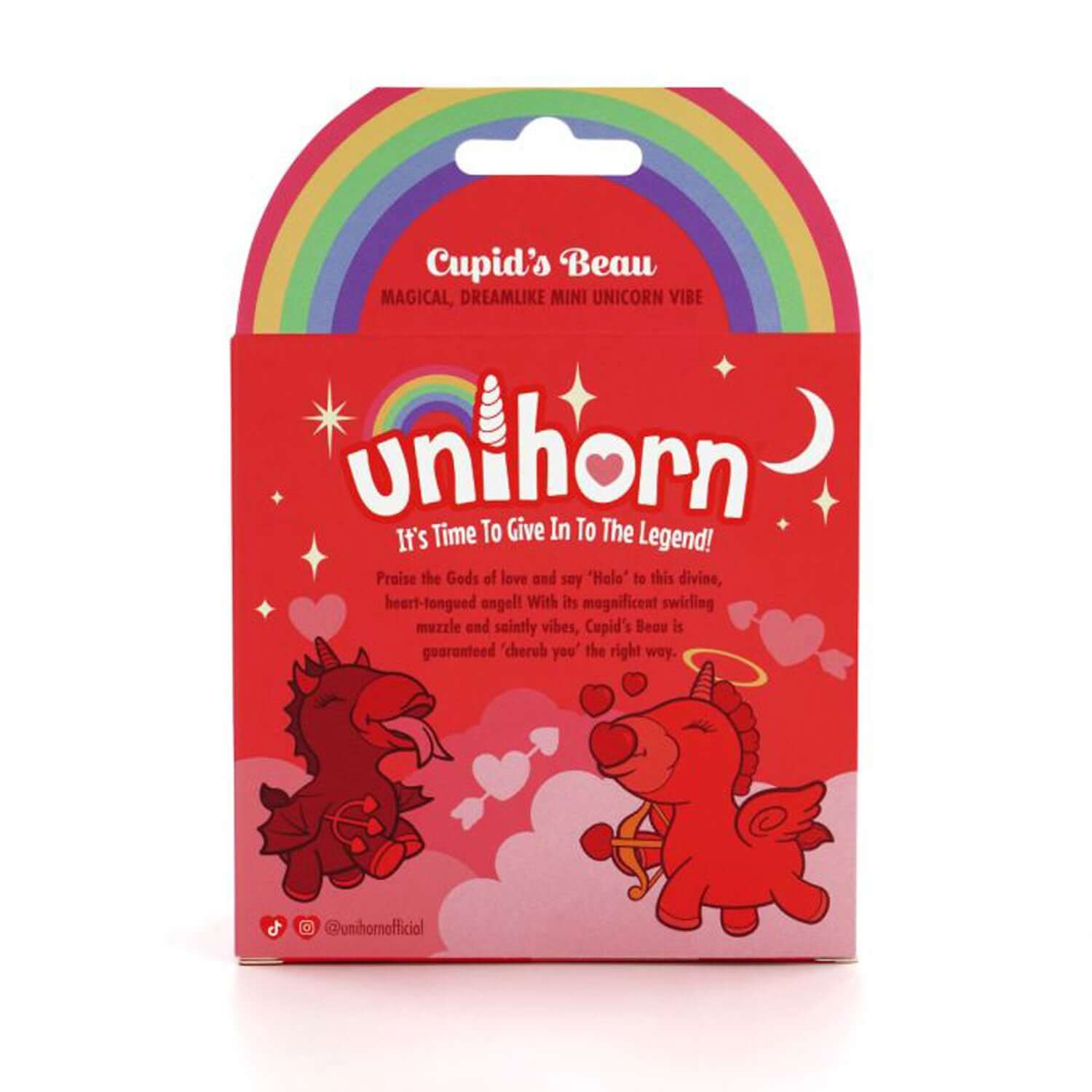 Unihorn Cupid's Beau packaging featuring a red unicorn design with heart motifs and rainbow, promoting a magical mini unicorn vibe.