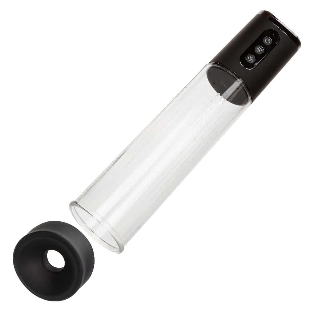 Peak Rechargeable Penis Pump in Black/Clear with detachable sleeve, offering powerful and convenient personal pleasure enhancement.