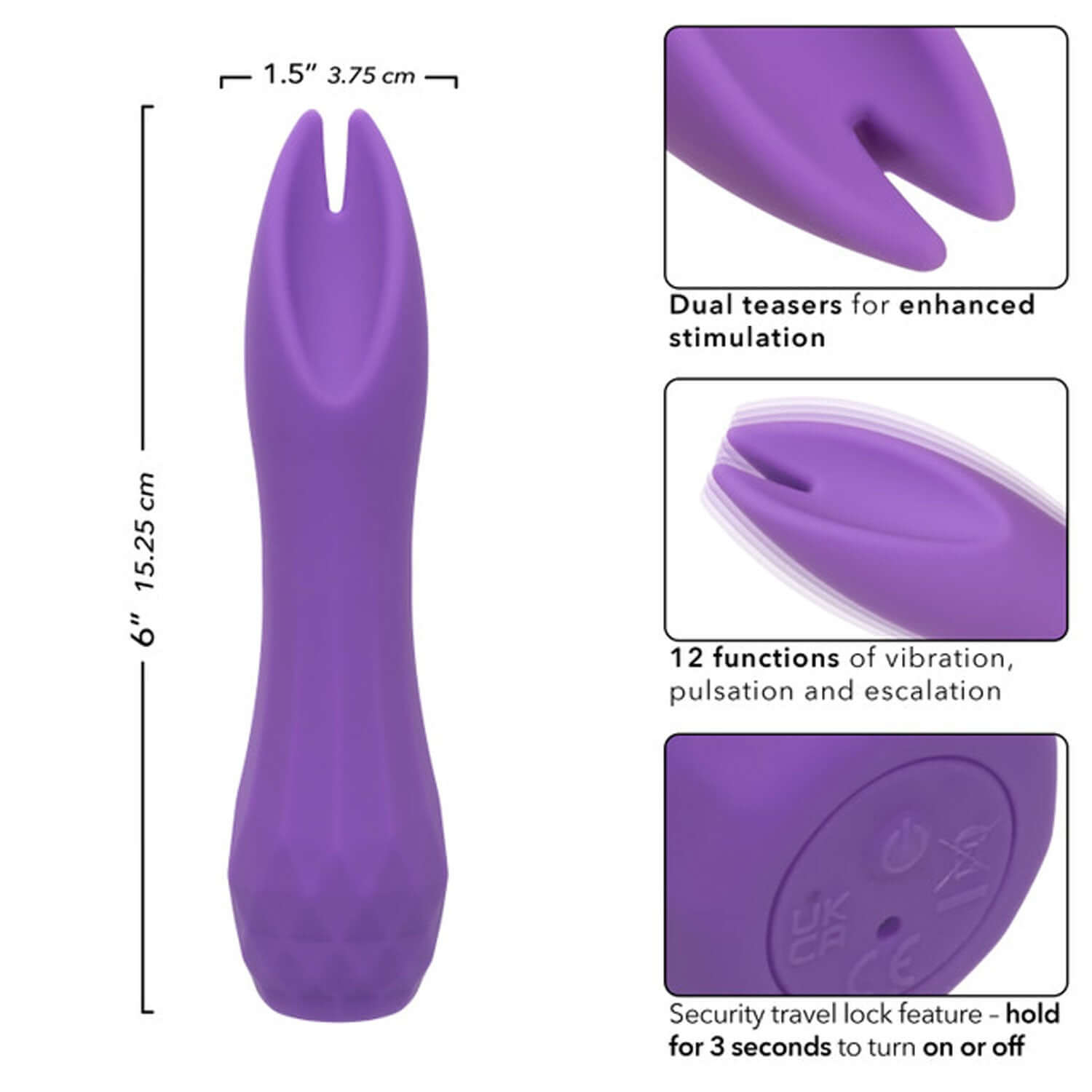 Purple Gia Dual Flicker Vibrator with dual teasers, 12 vibration functions, and security travel lock feature shown with measurements.