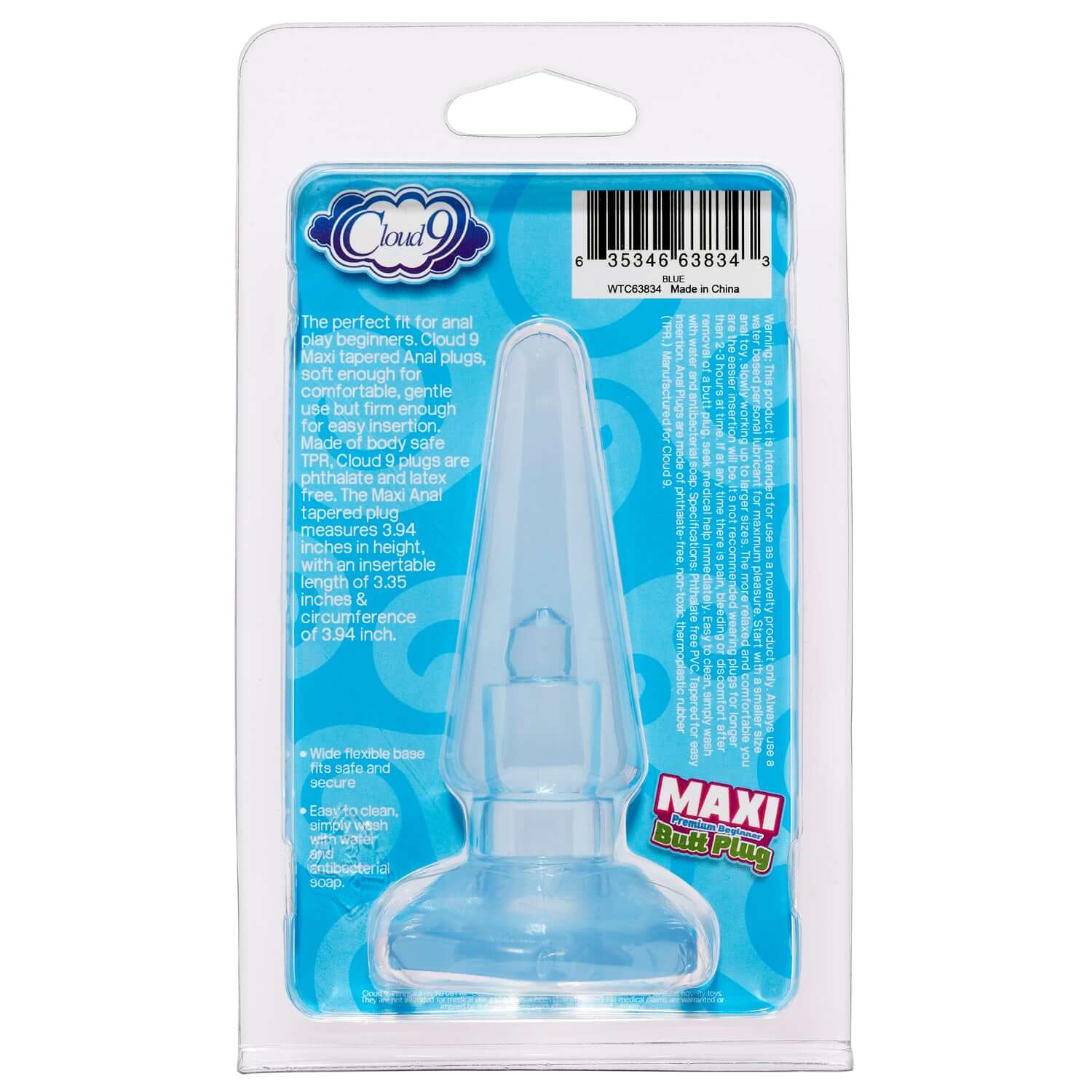 Blue Maxi Butt Plug in packaging, ideal for anal play beginners, made of body-safe TPR, phthalate and latex-free, secure base.