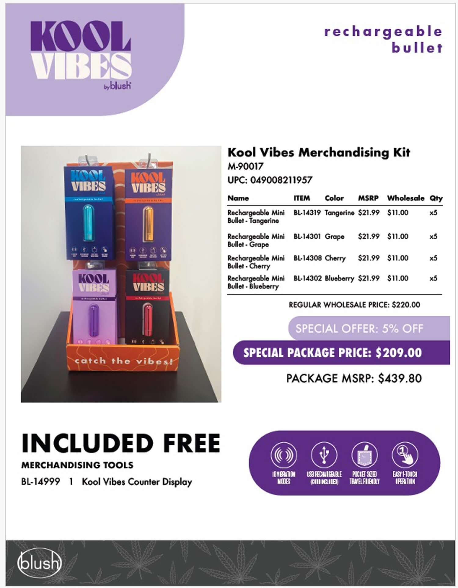 Kool Vibes Merchandising Kit with mini bullet vibrators in tangerine, grape, cherry, and blueberry, plus counter display, special price.