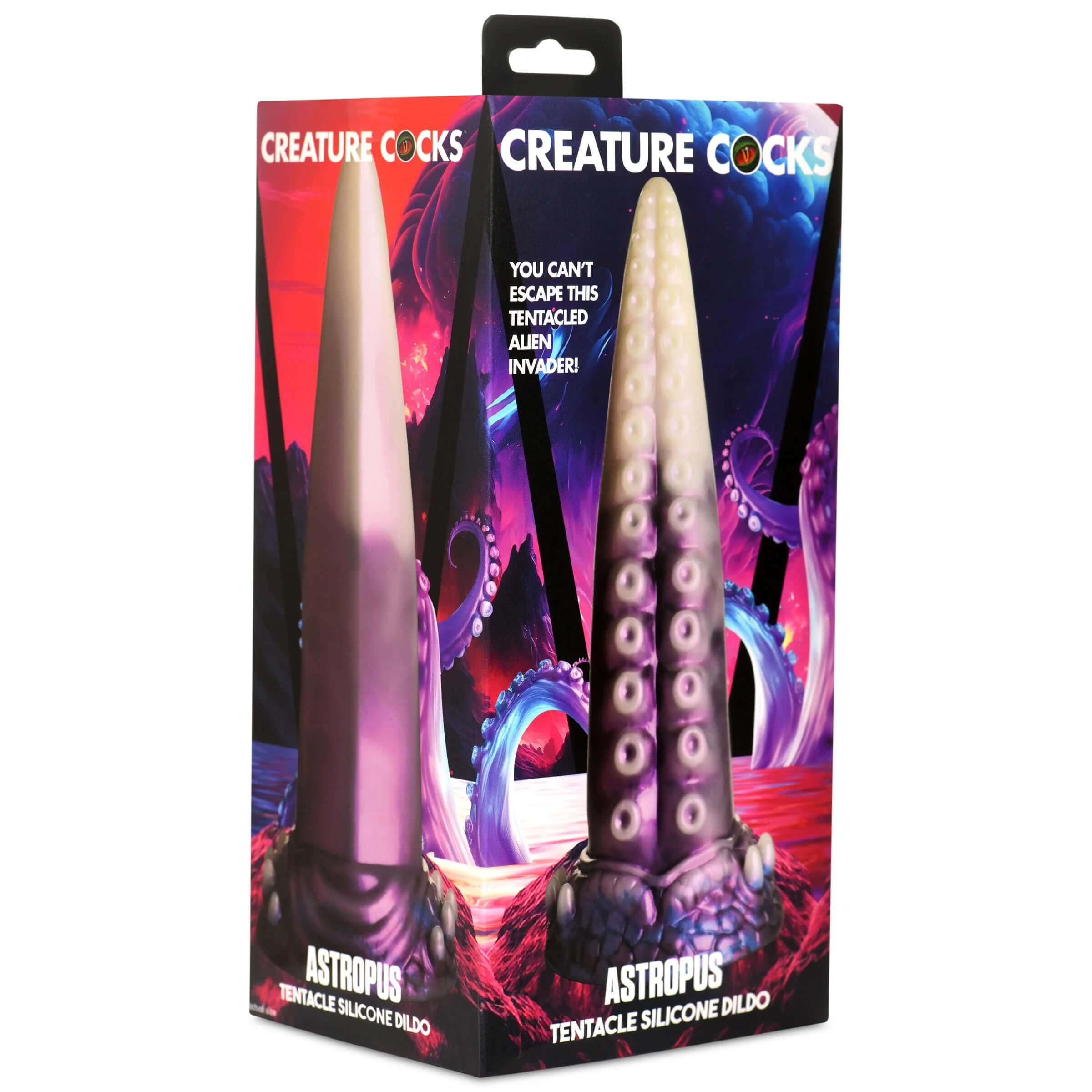 Astropus Tentacle Silicone Dildo in packaging with vibrant sci-fi fantasy design from Creature Cocks collection