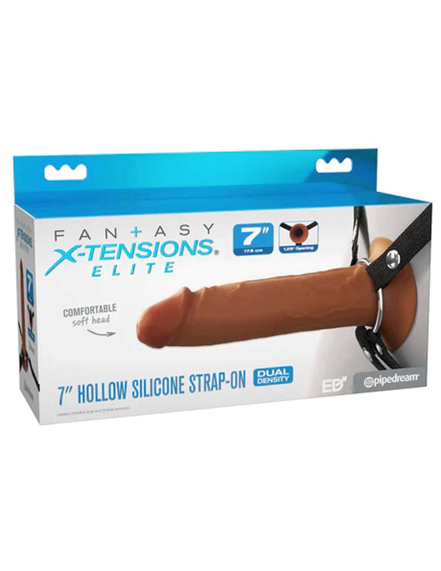 Fantasy X-Tensions Elite 7" dual density hollow silicone strap-on in brown displayed in packaging