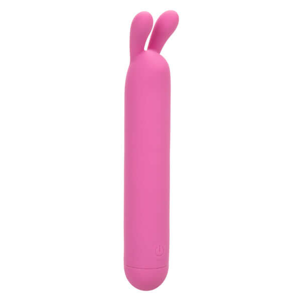 First Time Rechargeable Flicker massager in pink, featuring playful bunny ears and body-safe silicone design.