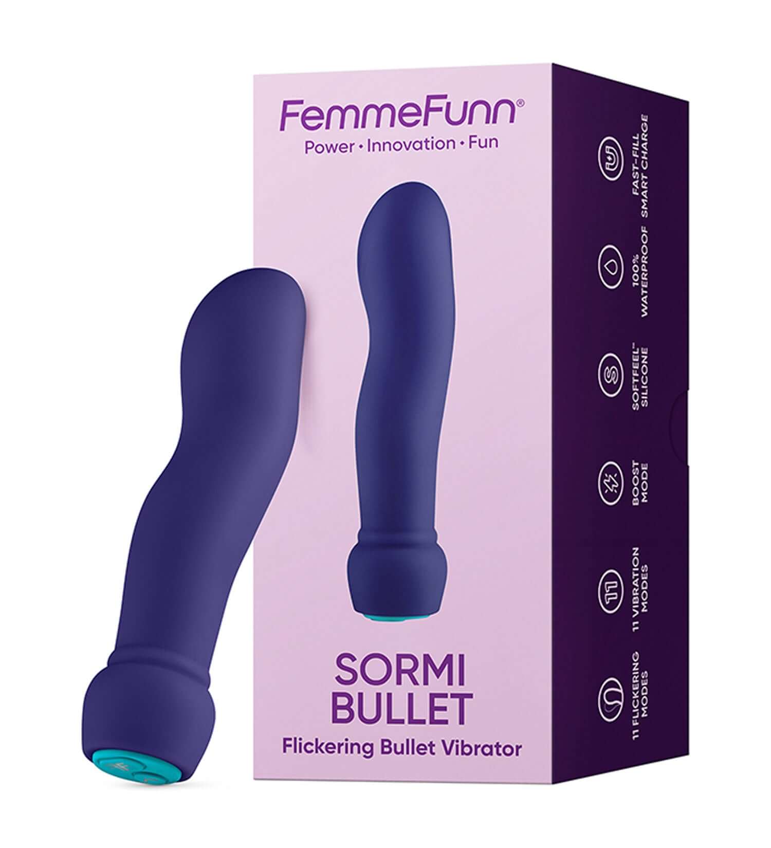 Purple Sormi Bullet Vibrator with packaging, featuring 11 flickering and vibration modes, soft silicone, and waterproof design.