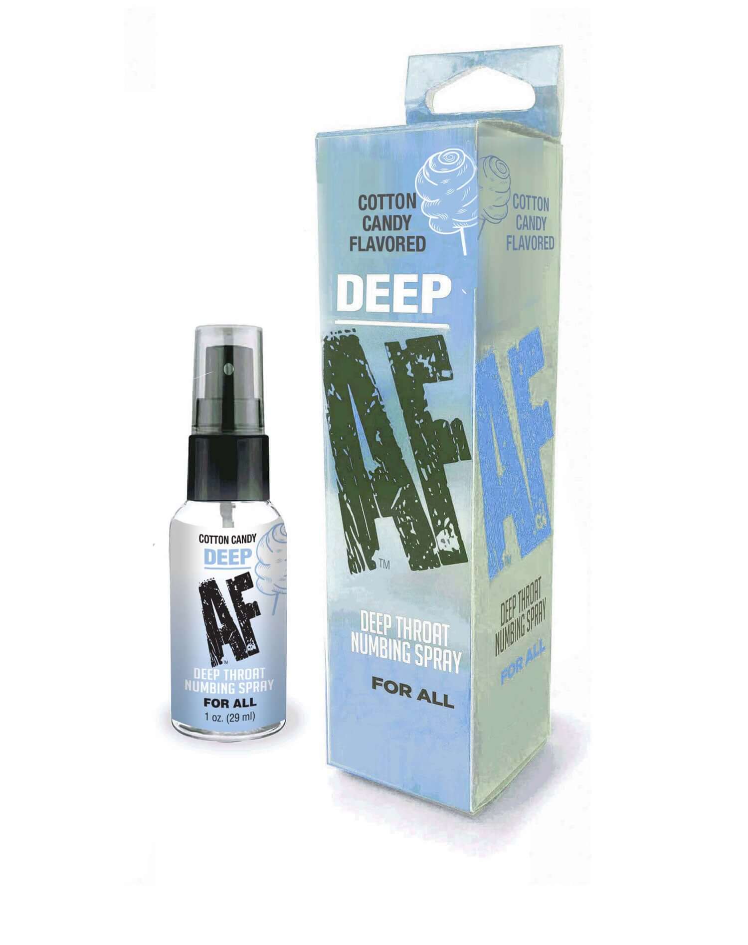 Deep AF Throat Numbing Spray 1oz in Cotton Candy flavor packaging, featuring oral desensitizer design for reducing gag reflex discomfort.