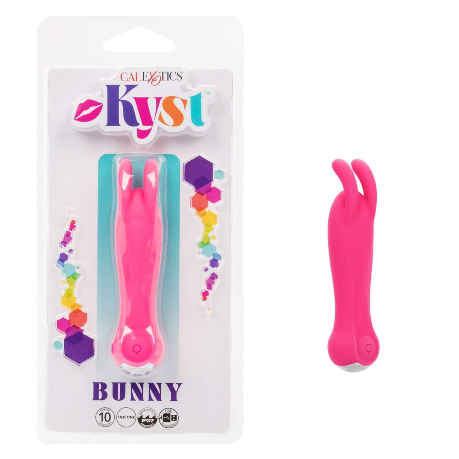 Pink Kyst Bunny Vibrator with packaging, featuring 10 vibration functions for targeted stimulation and intimate pleasure.