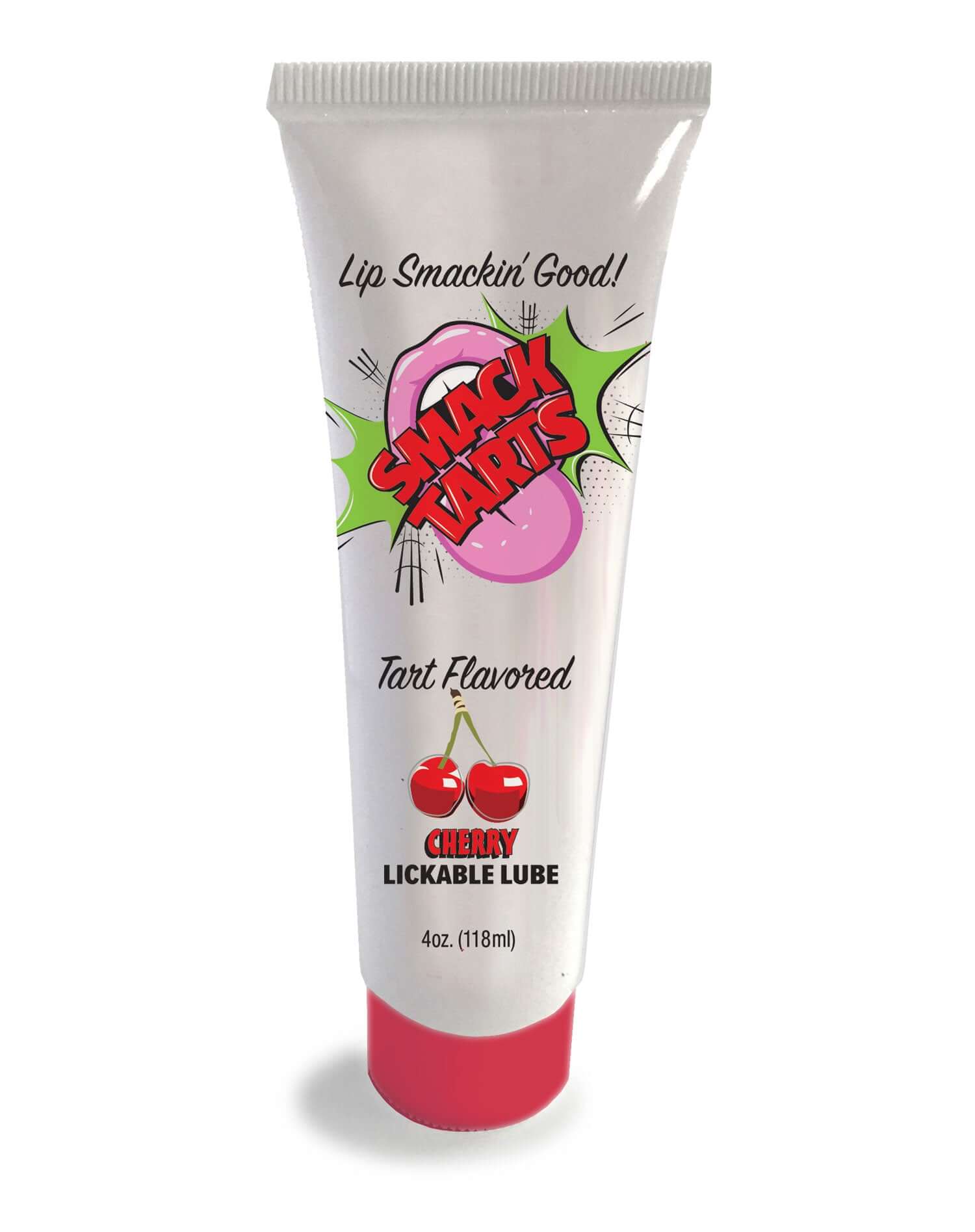 Smack Tarts Cherry Lickable Flavored Lubricant, 4oz tube with cherry flavor, water-based, text "Lip Smackin' Good!" on packaging.