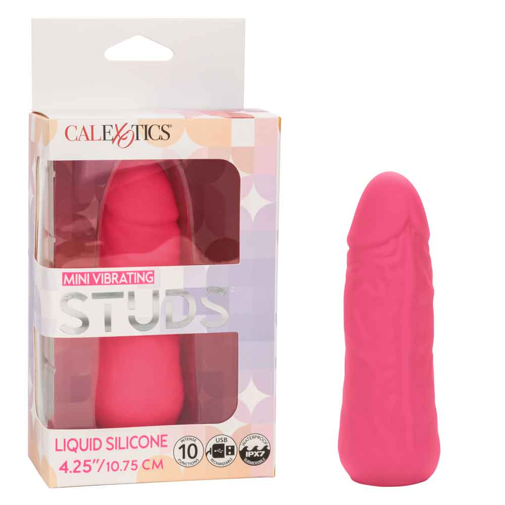 Mini Vibrating Studs Dildo in pink, 4.25" liquid silicone with 10 vibration functions, shown with packaging