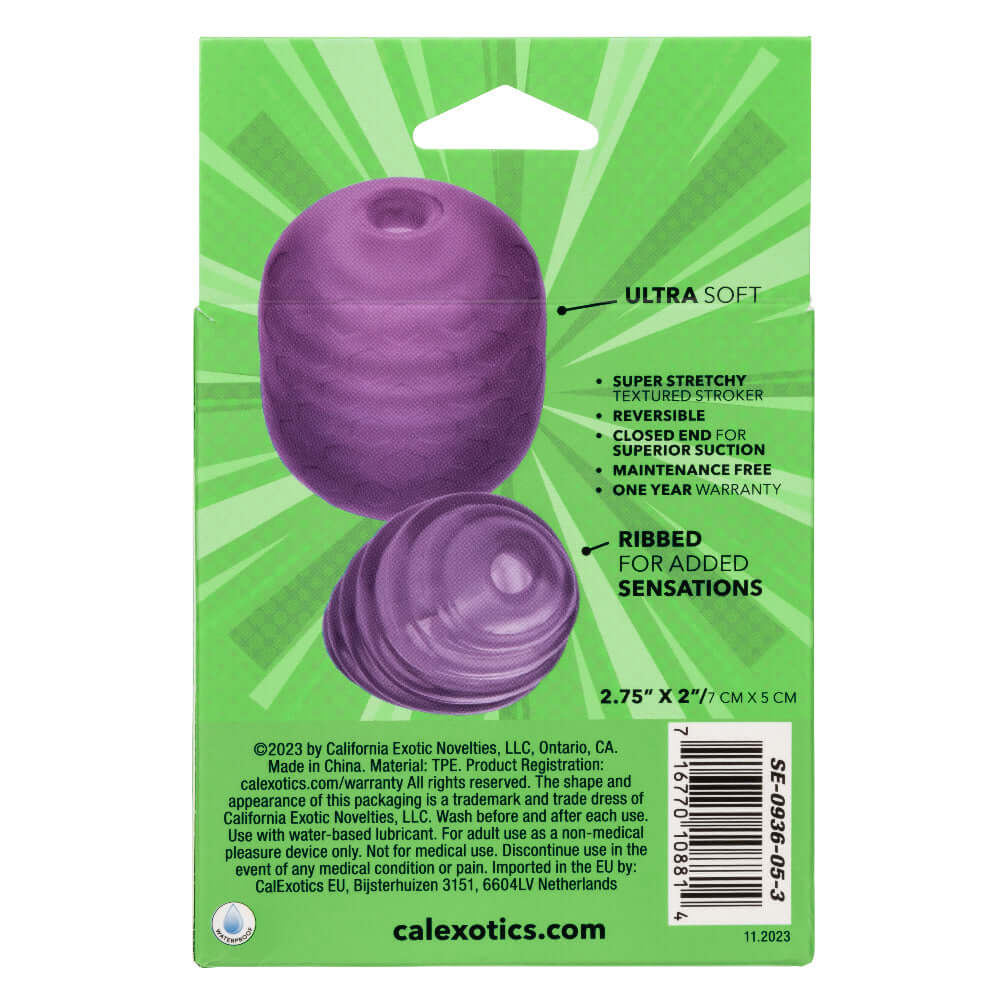 Pop Sock purple textured masturbation sleeve packaging showing product features and dimensions