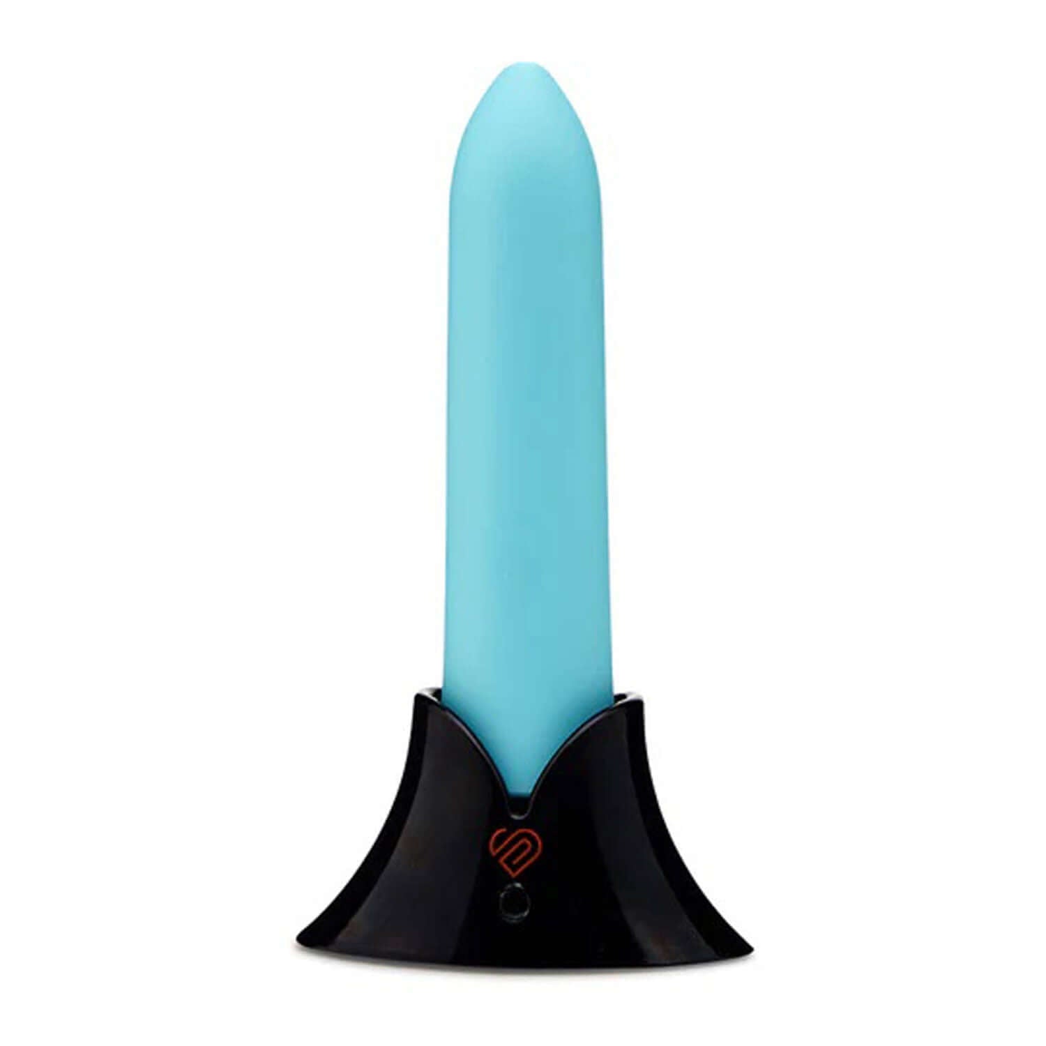 Nu Sensuelle Point Bullet in Tiffany Blue with 20 vibration settings displayed on a black stand.