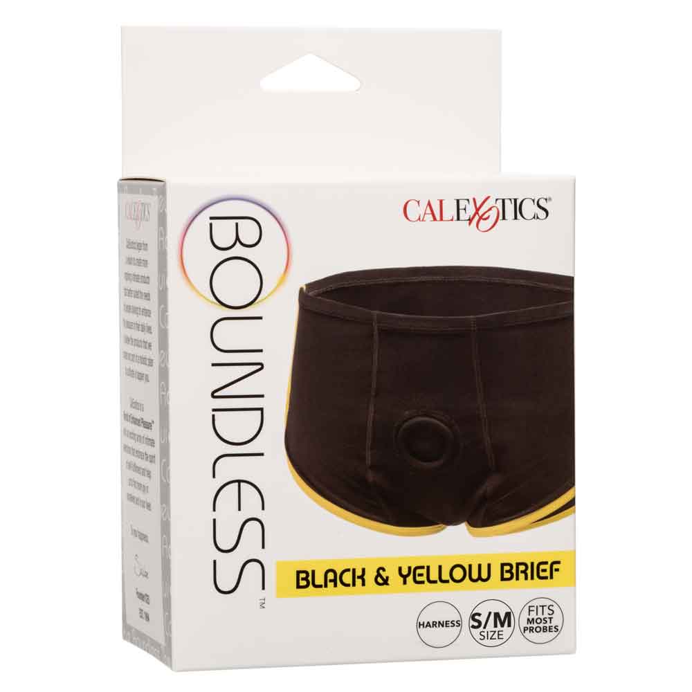 Boundless Black and Yellow Briefs packaging in small/medium size for intimate comfort and functionality.